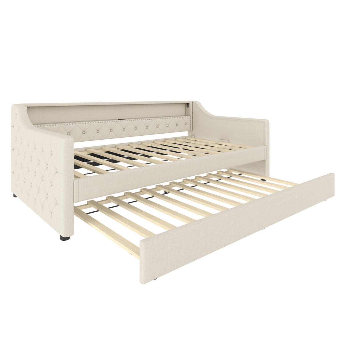 POLSTERBETT 90/200 cm Beige aus Leinen mit Ausziehbett und LED-Beleuchtung - Beige, Textil (90/200cm) - OKMYHOME