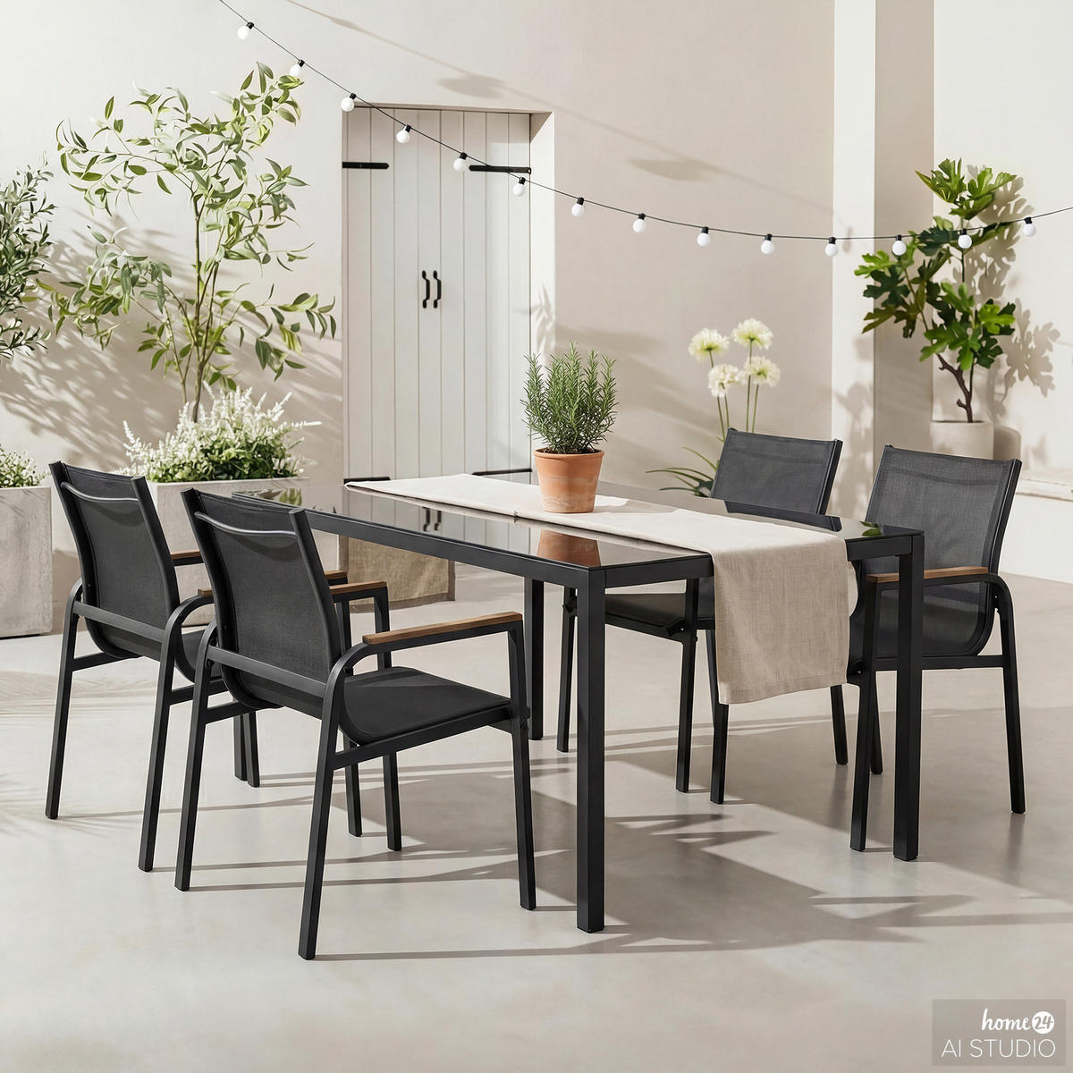 GARTENESSGRUPPE - 5-teilig - Stahl / Glas / Olefin - Anthrazit, Glas/Textil - home24