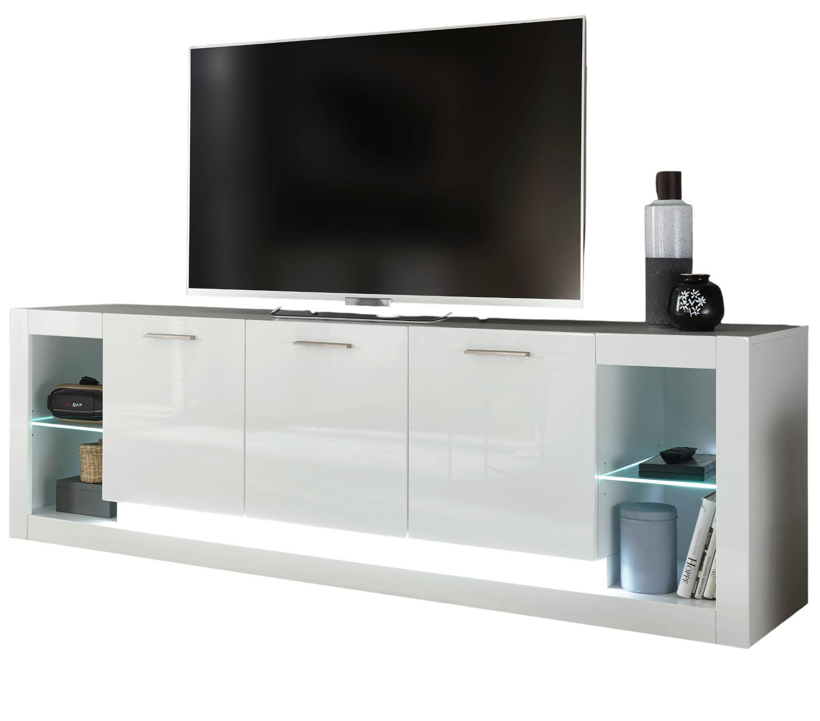 TV-LOWBOARD weiß Hochglanz 200 cm, TV Unterschrank mit Komforthöhe - Weiß Hochglanz/Silberfarben, Glas/Holzwerkstoff (198/61/43cm) - Furn.Design