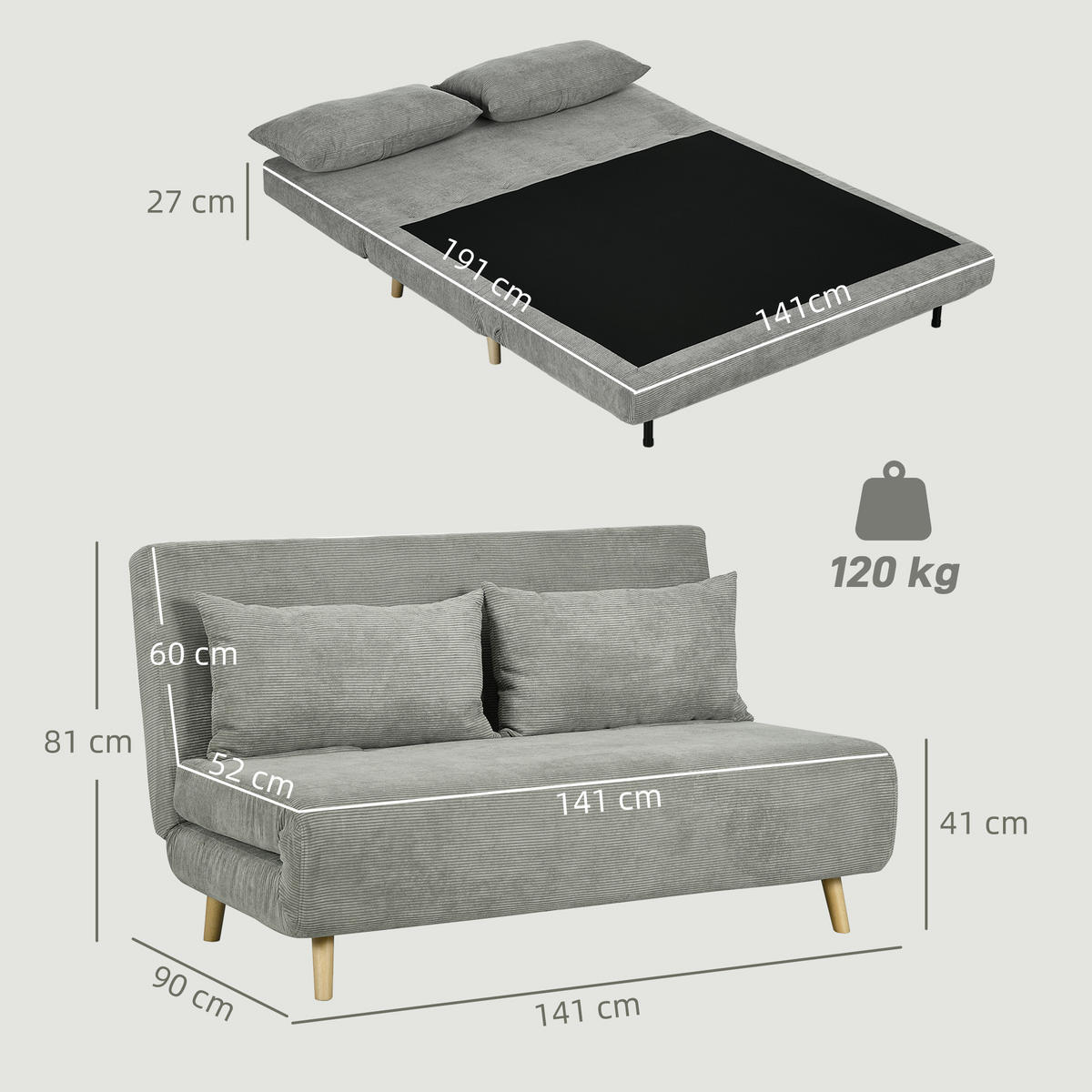 2-SITZER Schlafsofa Grau 141.0/90.0/81.0 cm - Grau, Textil (90/81/141cm)