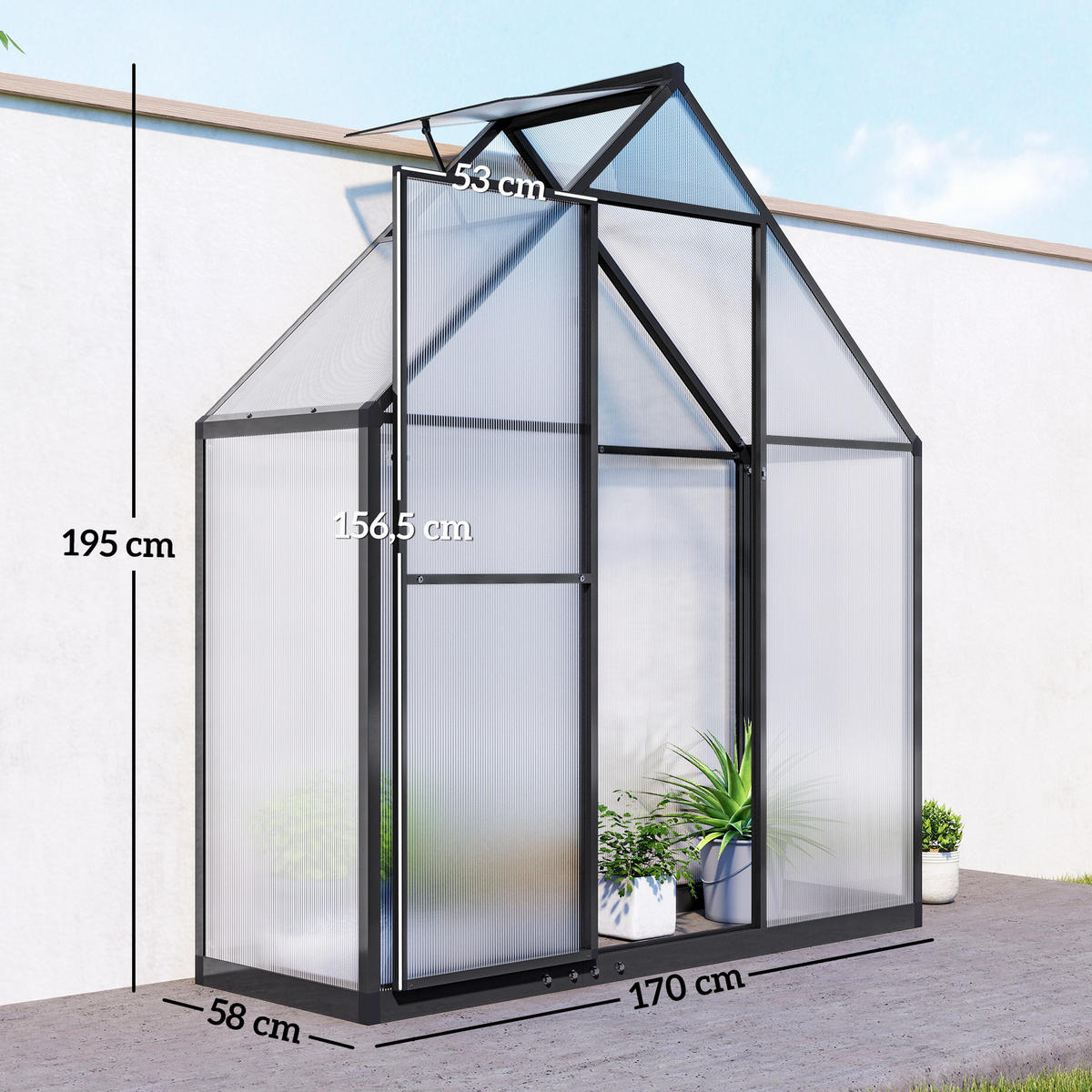 GEWÄCHSHAUS DE-12079 mit verstellbarem Fenster Transparent - Schwarz, Metall (58/195/170cm) - ComfortXL