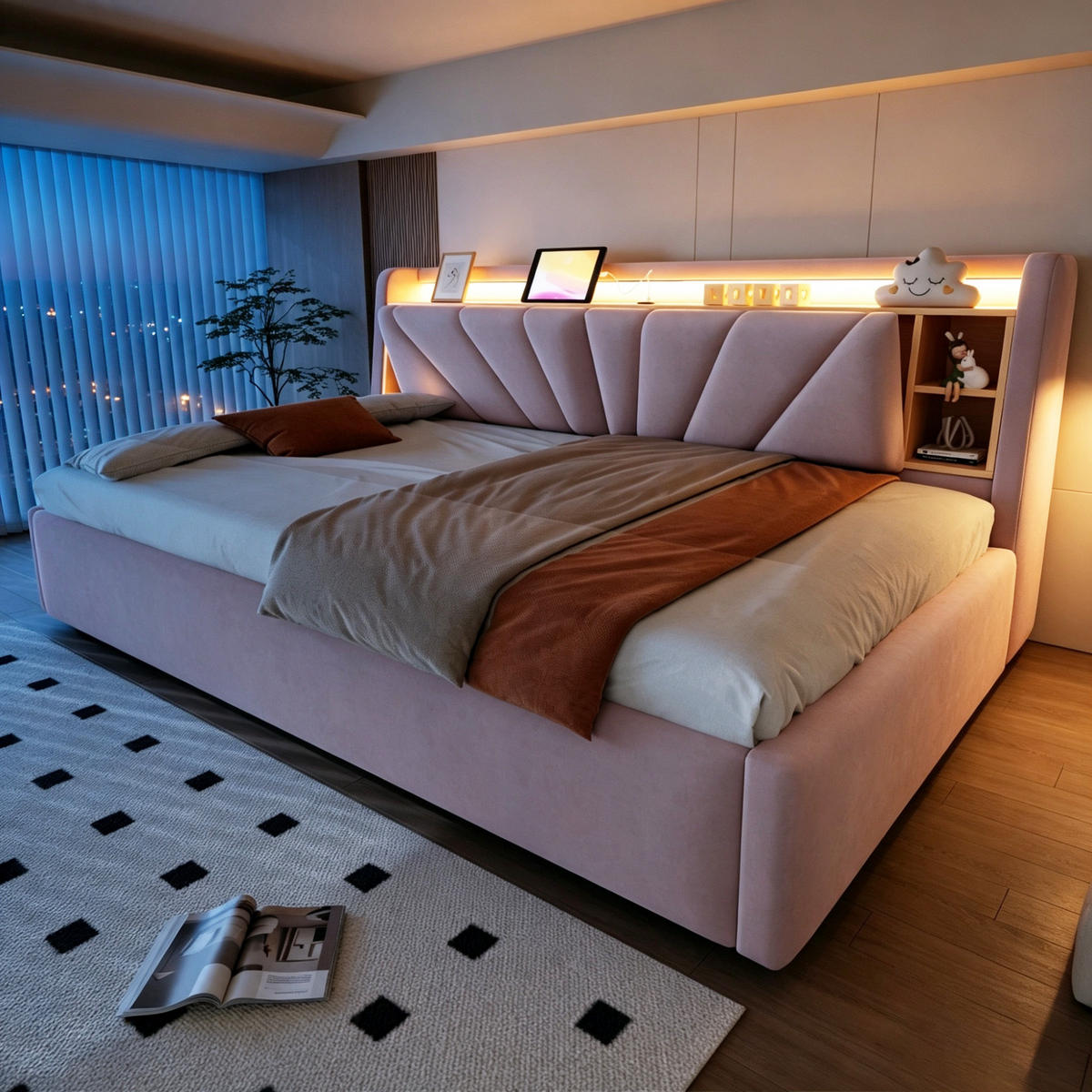 POLSTERBETT 90*200 cm mit LED, USB und Stauraum, Rosa - Pink, Textil (90/200cm) - FLIEKS