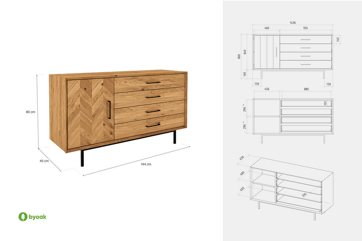 KOMMODE BREIT LEON Kernbuche - Kernbuche, Holz (144/80/45cm) - byoak