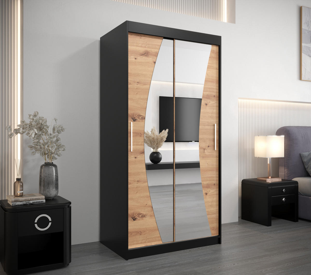 SCHWEBETÜRENSCHRANK 200/100/62 2-türig - Silberfarben/Schwarz, Holz/Kunststoff (100/200/62cm) - Abiks Möbel
