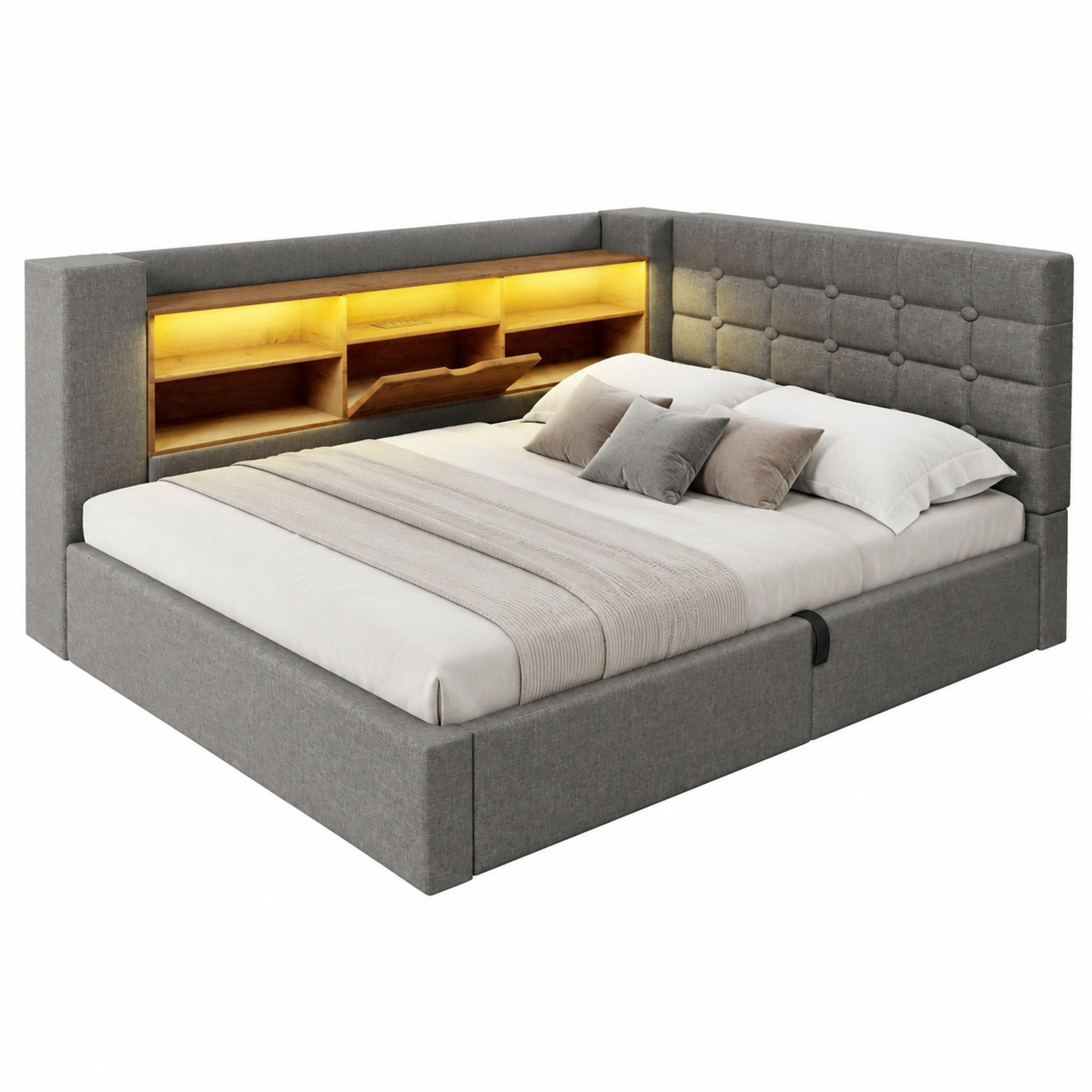 BETT mit Stauraum 90x200 cm Leinen Grau - Grau, Metall (90/200cm) - Meubliv