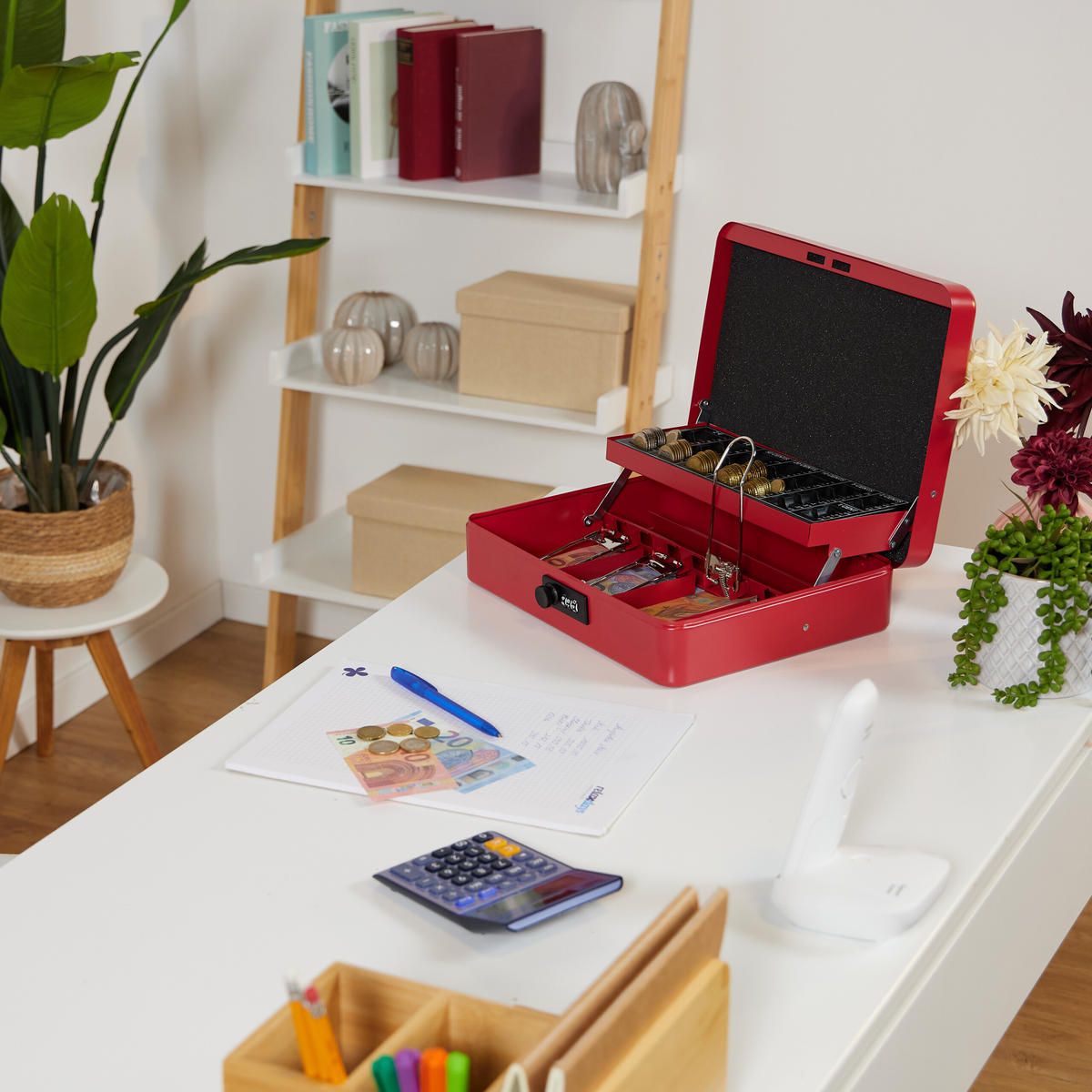 POKLADNIČKA na euro mince - červená, kov/plast (30.5/8.5/25cm) - Relaxdays