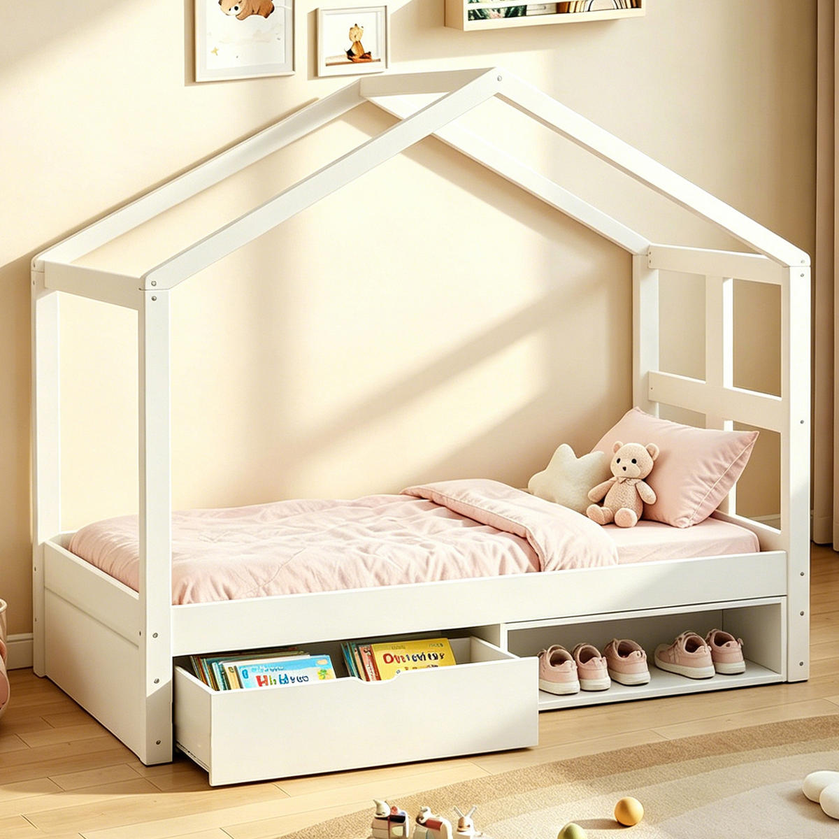 HAUSBETT 90/190 cm in Weiß & Natur mit Schublade, Schuhschrank und LED - Weiß, Holzwerkstoff (90/190cm) - STILVORA