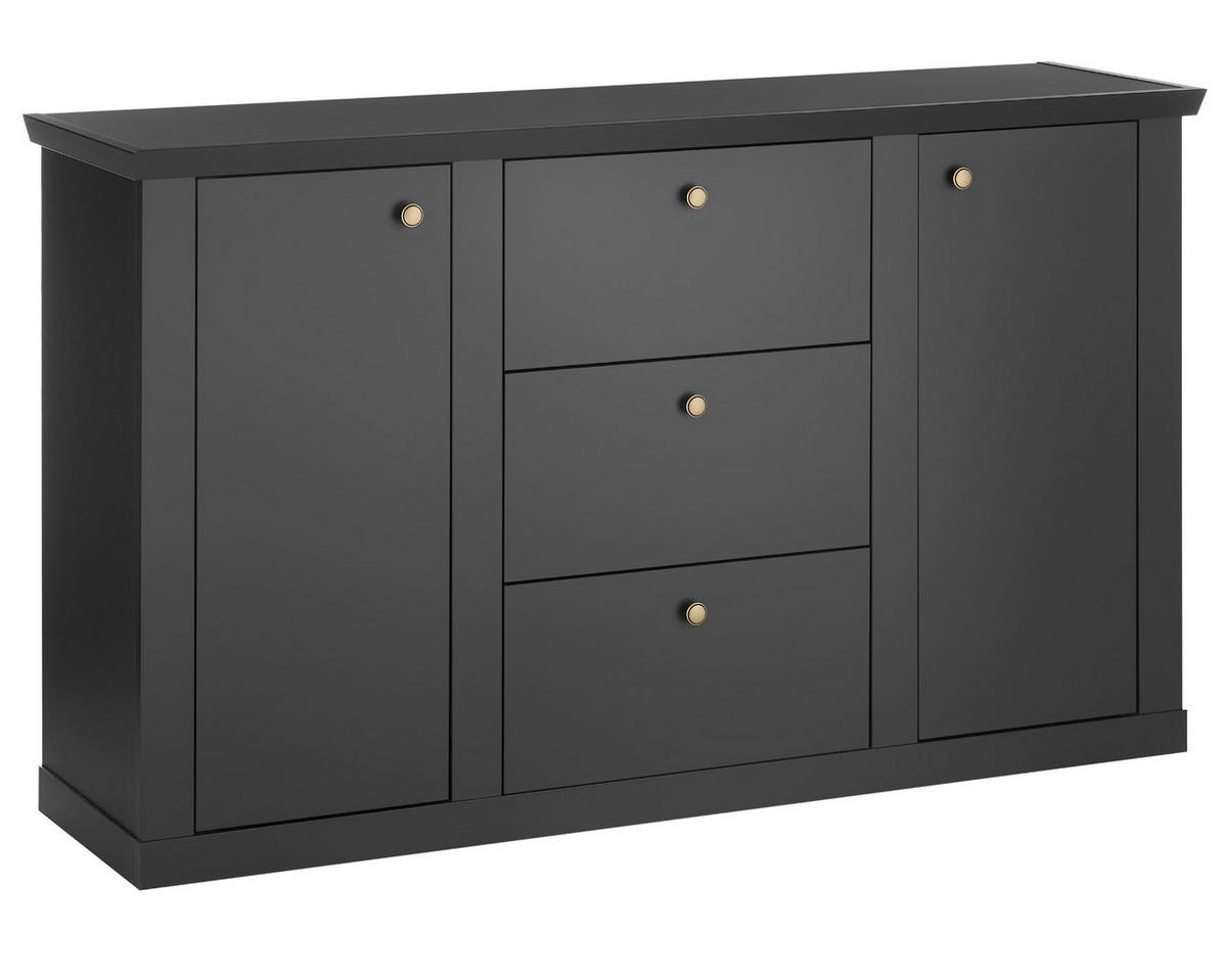 SIDEBOARD schwarz matt, Eiche Landhaus 158 cm, Kommode mit Soft-Close - Eichefarben/Messingfarben, Holzwerkstoff/Metall (158/92/42cm) - Furn.Design