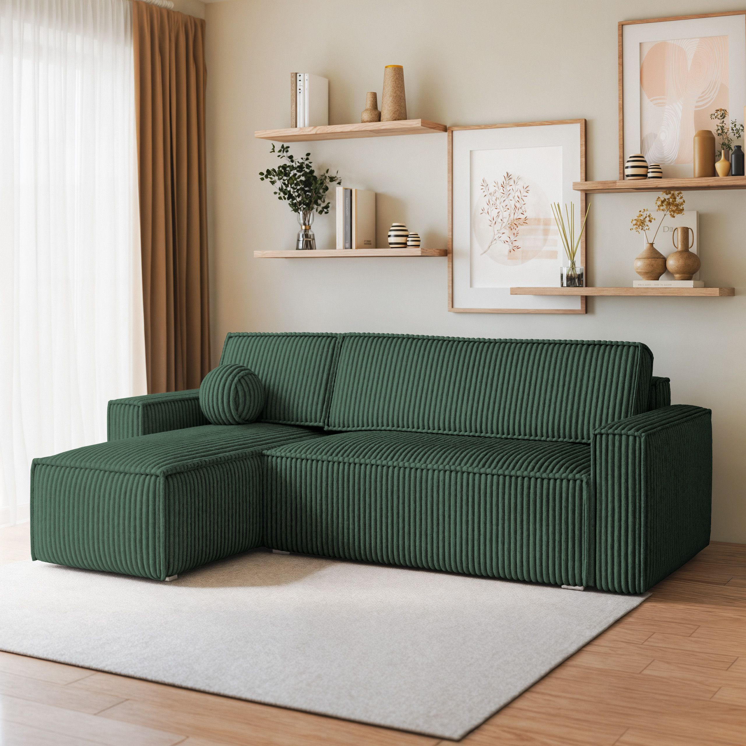 ECKSOFA RAVELO T Grün Kordstoff mit Schlaffunktion - Grün, Holz (240/140cm) - MASSENO