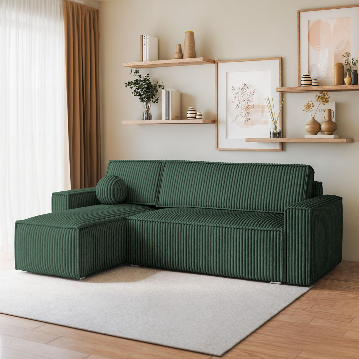 ECKSOFA RAVELO T Grün Kordstoff mit Schlaffunktion - Grün, Holz (240/140cm) - MASSENO