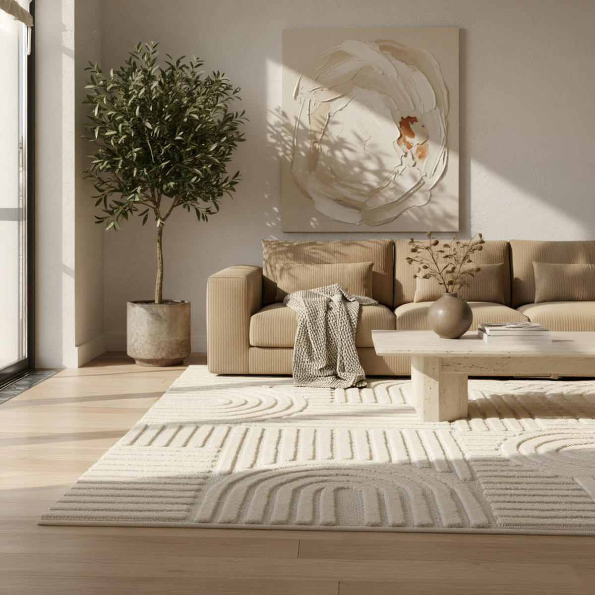 TEPPICH Esszimmer 3D Skandinavischer Boho Elegant Waschbar Wohnzimmer Creme 240x340 cm – RIGI - Beige, Textil (340/240cm) - KADIMA DESIGN