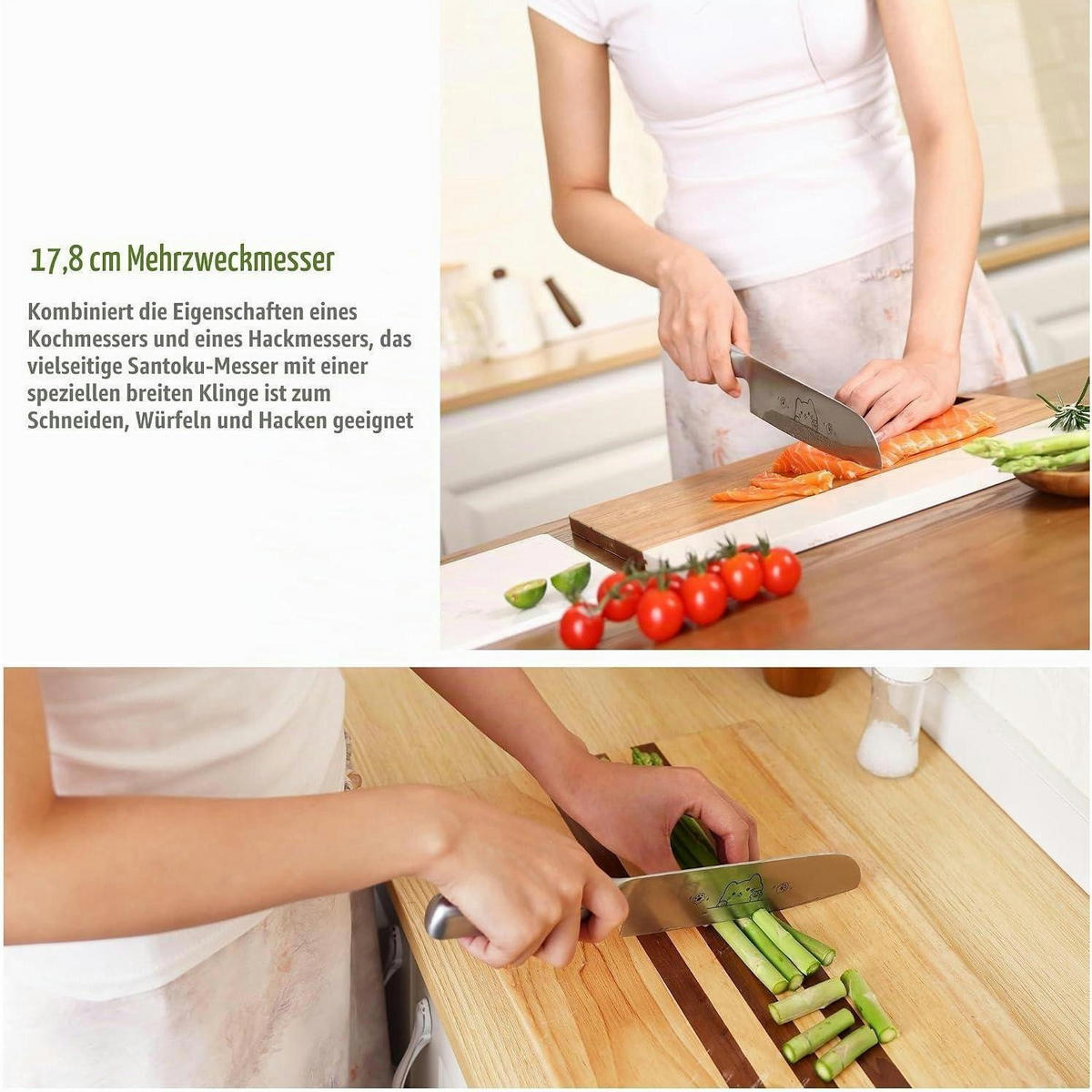 KÜCHENMESSER-SET 2-teilig mit Santoku und Gemüsemesser, Katzenmotiv, Edelstahl - Silberfarben, Metall (34cm)