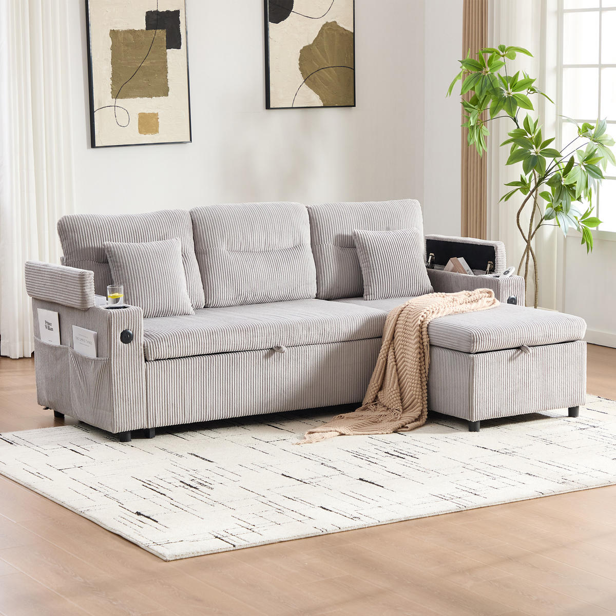 ECKSCHLAFSOFA 3-Sitzer Cord mit Schubladenbett und USB-Anschluss Hellgrau 212,5/136/86 cm - Hellgrau, Textil (136/212.5cm) - Redom