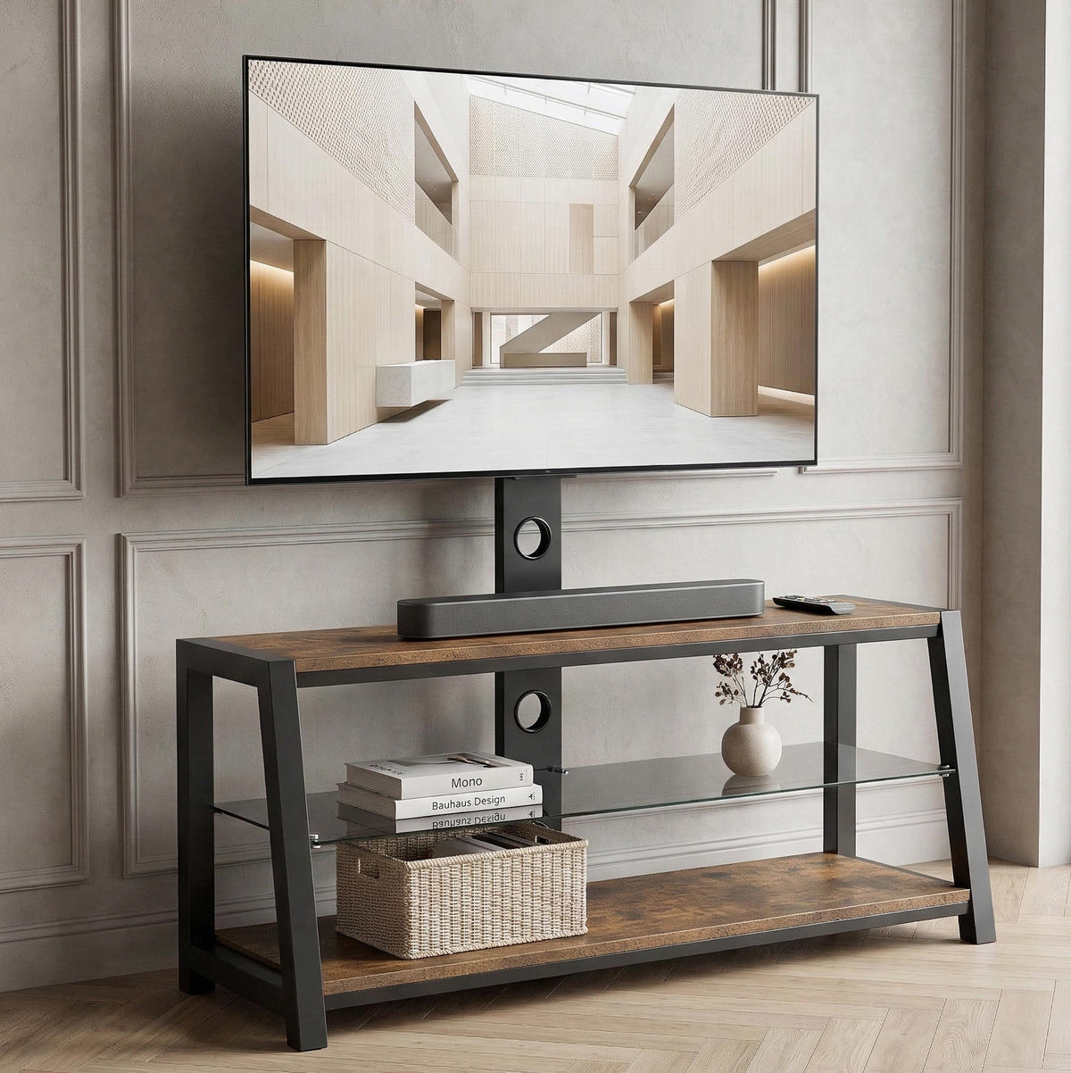 TV stolek 116/42/125 cm z MDF a kovu s nastavitelnou výškou, otočným 30° stojanem a kabelovým vedením, Hnědá - hnědá, kompozitní dřevo (116/125/42cm) - Redom