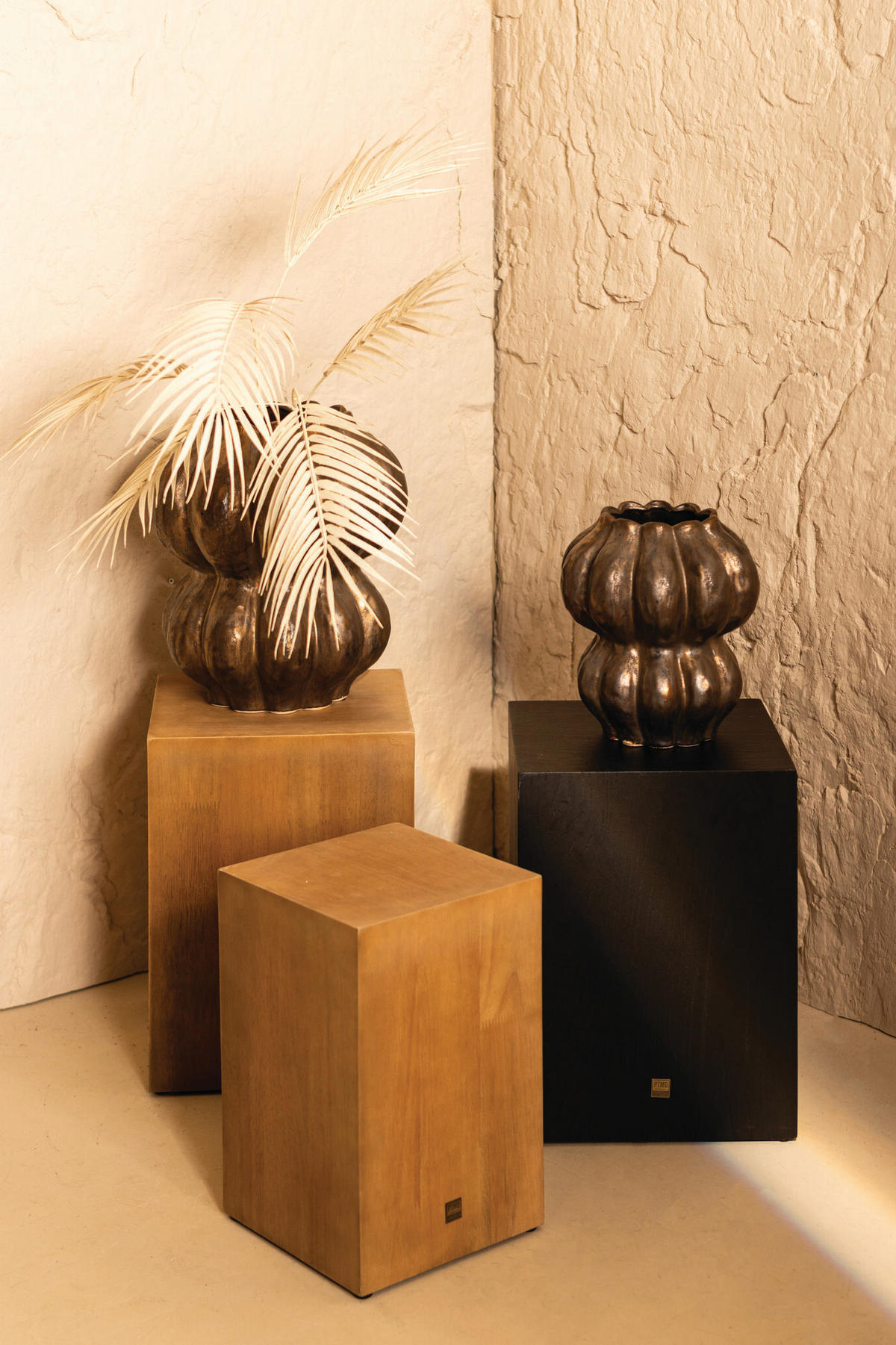 BLUMENSÄULE Gustavo Beige 30/30/40cm 2er-Set - Beige, Holz (30/30/40cm) - PTMD Collection