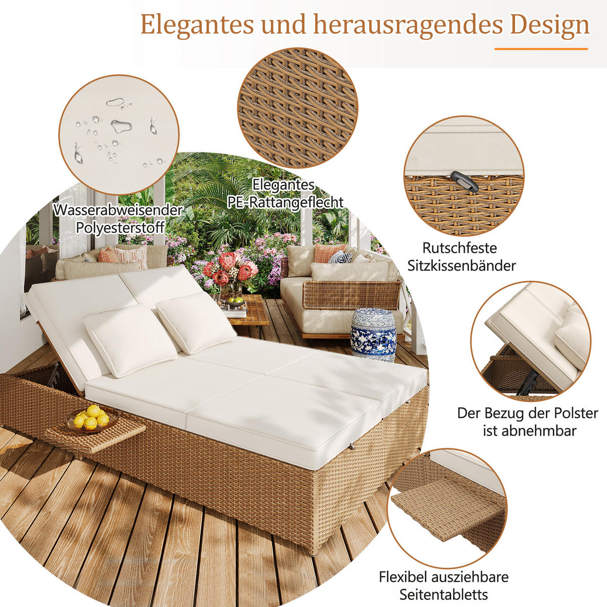 DOPPEL-SONNENLIEGE 199 cm Polyrattan Natur Gartenliege für 2 Personen mit verstellbarer Rückenlehne & Polster - Weiß, Metall (199/37/120cm) - Urban Meuble