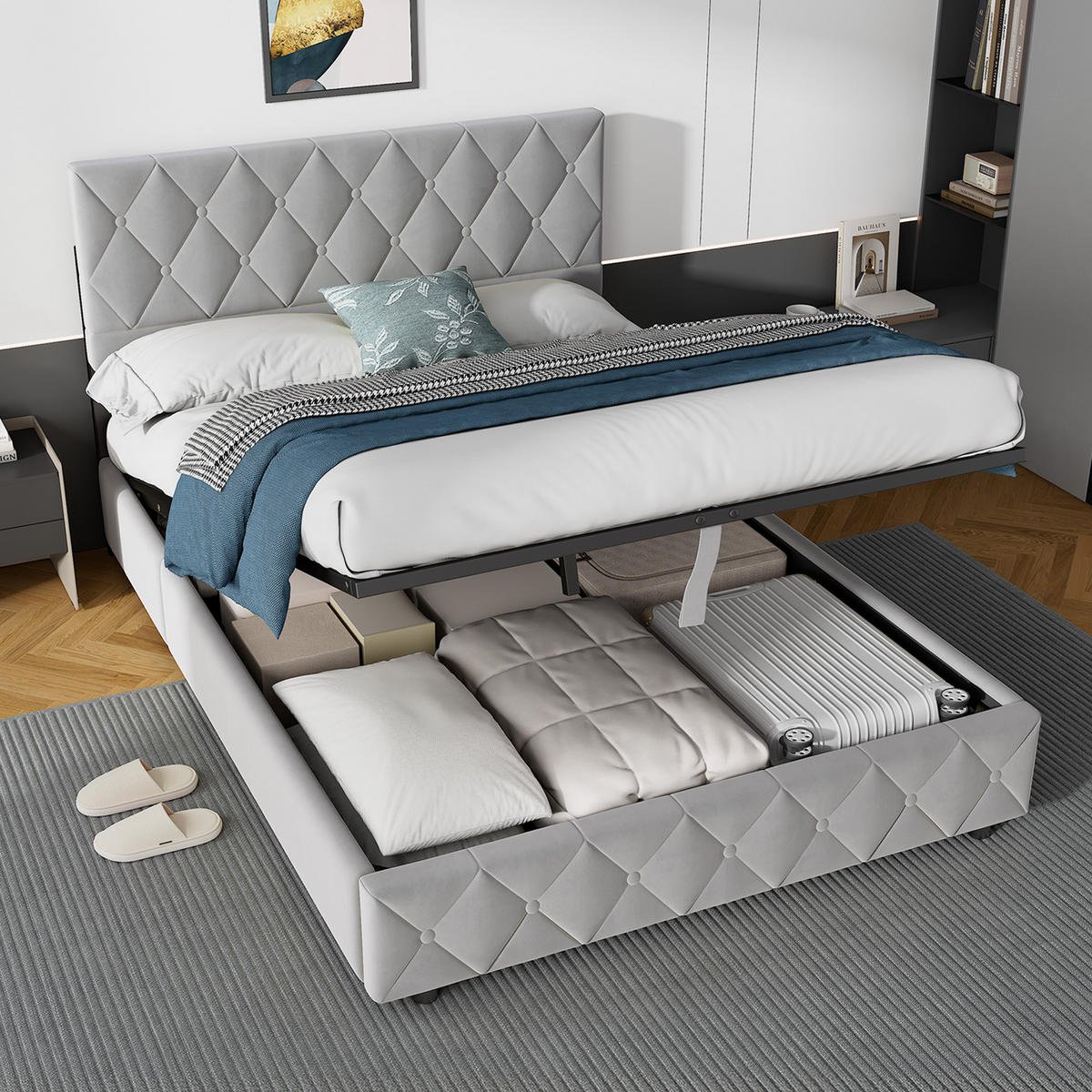 POLSTERBETT 140/200 cm in Grau Samt mit Bettkasten, hydraulischem Doppelhub-System und Lattenrost - Grau, Holzwerkstoff/Textil (140/200cm) - CHICFURN