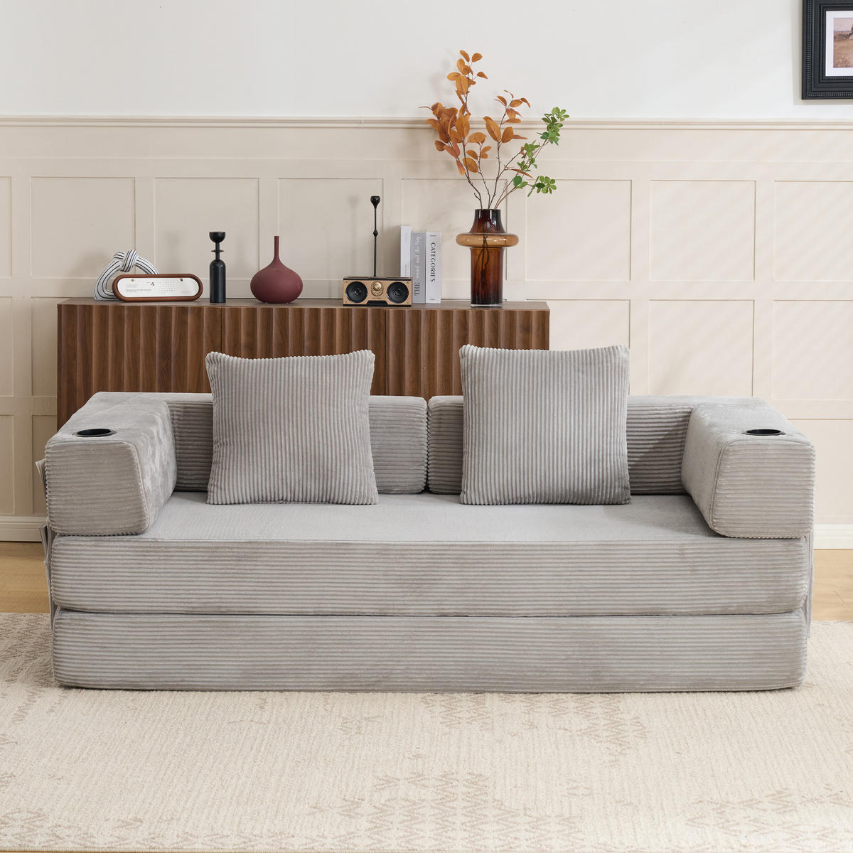 SCHLAFSOFA DE-33520 faltbar mit Becherhalter und Seitentasche Hellgrau - Hellgrau, Textil (185/60/92.5cm) - ComfortXL