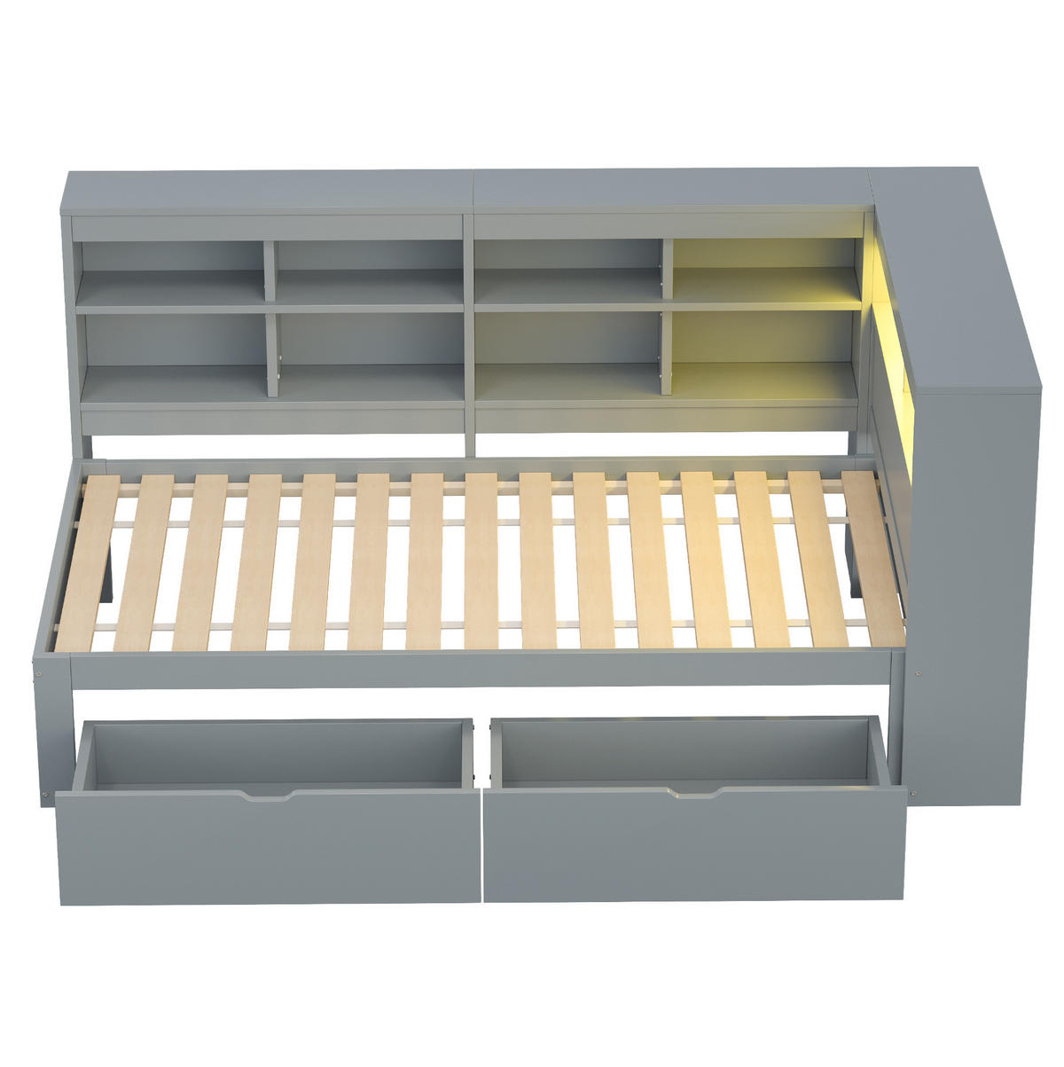 BETT 90/200 cm aus Massivholz mit Stauraum, LED und USB, Grau - Grau, Holzwerkstoff (90/200cm) - Flora Grace