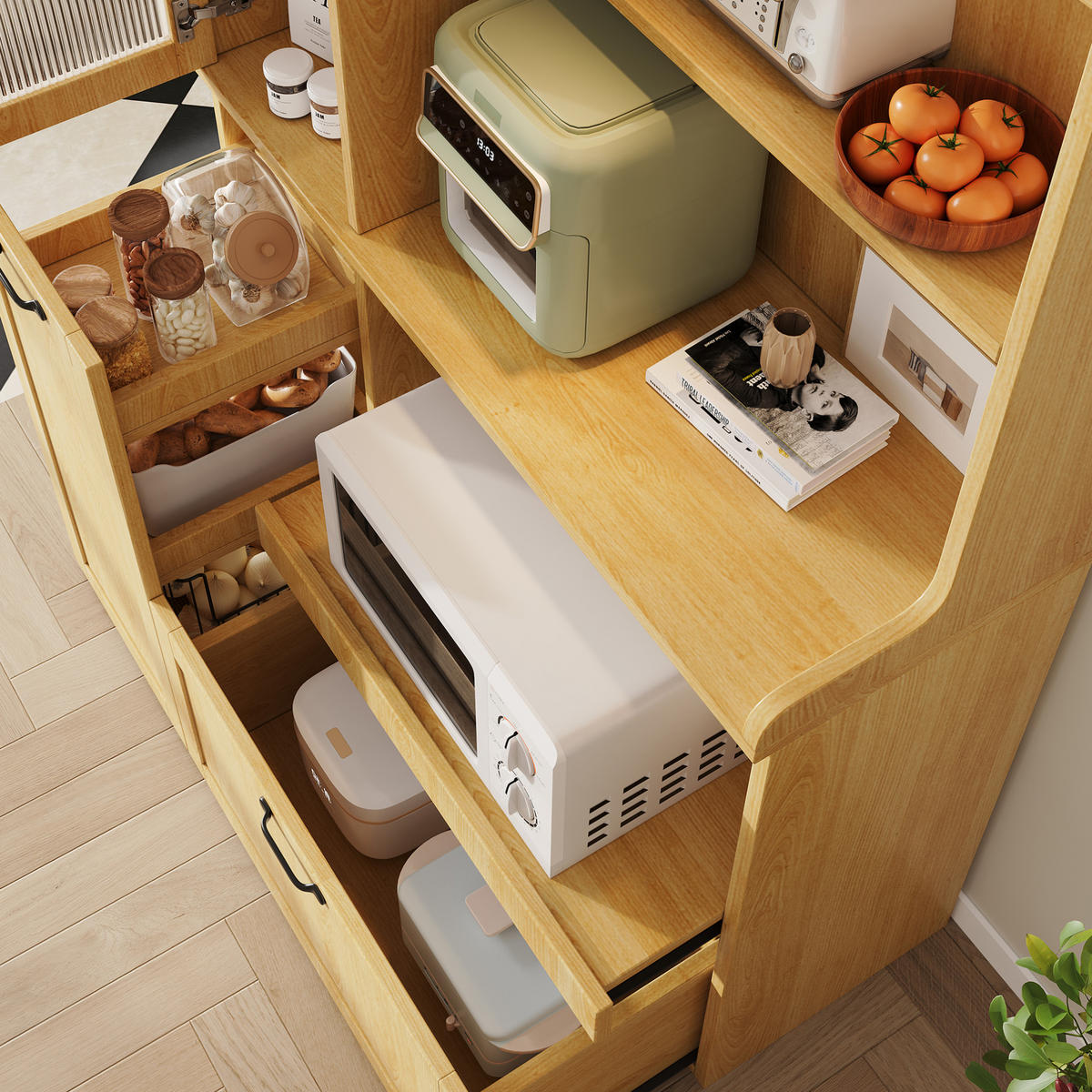 HIGHBOARD 98/40/177 cm mit verstellbaren Einlegeböden, Schublade und Ausziehfläche aus MDF, Natur - Naturfarben, Holzwerkstoff (98/177/40cm) - Redom