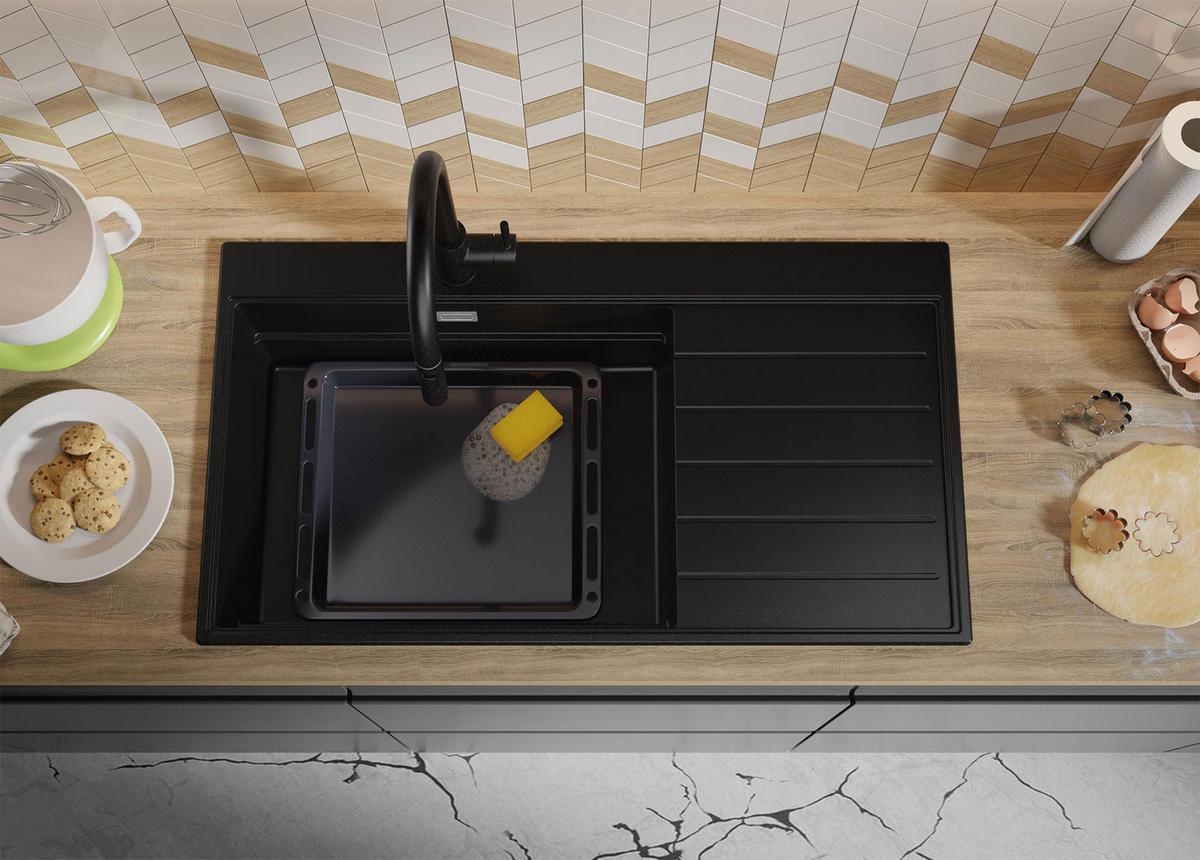 SPÜLBECKEN Sydney, 2-er set Alles Schwarz 90/50 cm 1 Becken + Ablauf-Set + Küchenzubehörset ab 60er Unterschrank - Schwarz, Kunststoff (90/20/50cm) - Primagran