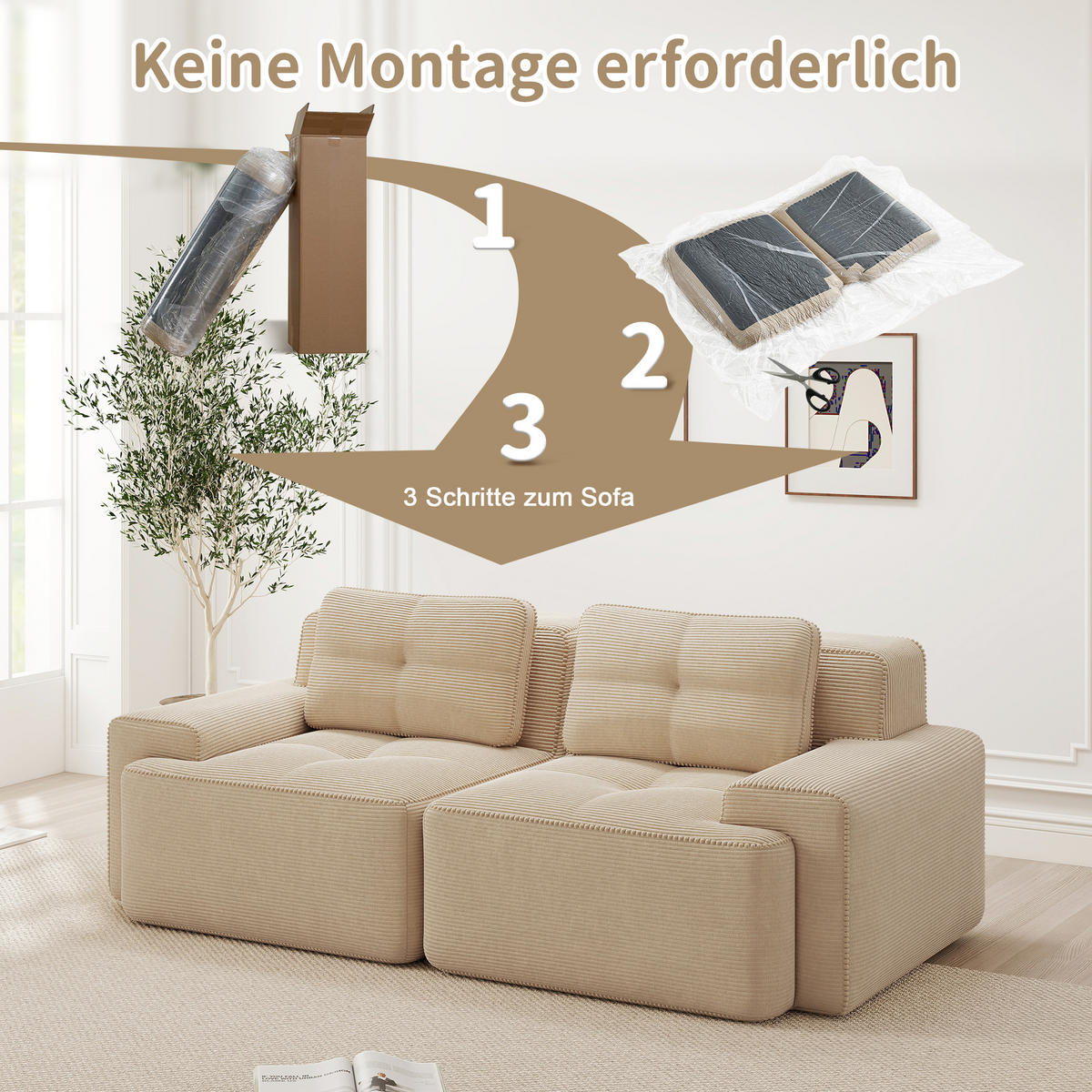 2-SITZER SOFA Cord Beige mit rutschfester Basis - Beige, Textil (204/69/104cm) - WISHDOR