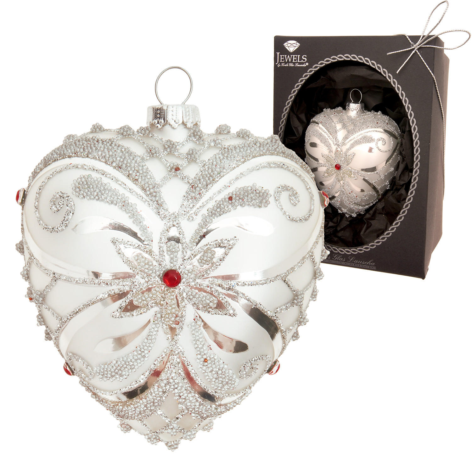 CHRISTBAUMSCHMUCK Herz Strassdekor Silberfarbig 9cm (Glas / 1 Stk.) - Silberfarben, Glas (7/9/4cm) - Krebs Glas Lauscha