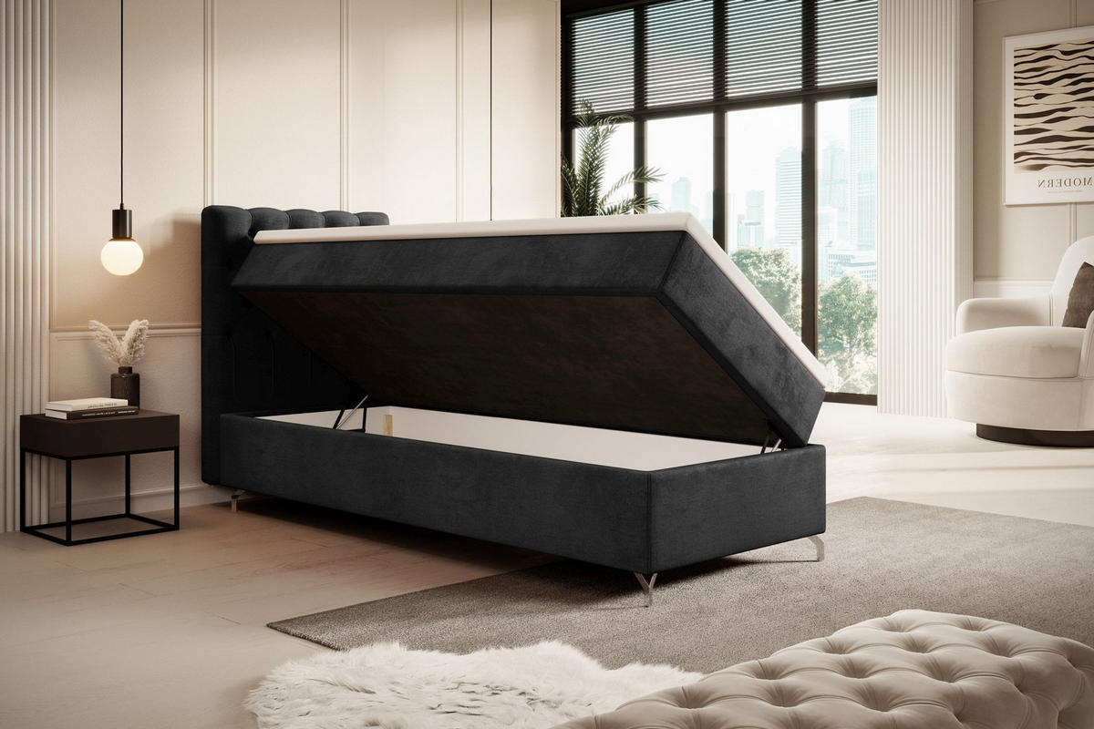 BOXBETT CHESTER mit Matratze H3, Bonell und Topper 90x200 Monolith 97 Links - Dunkelgrau, Textil (120/200cm) - Bedante