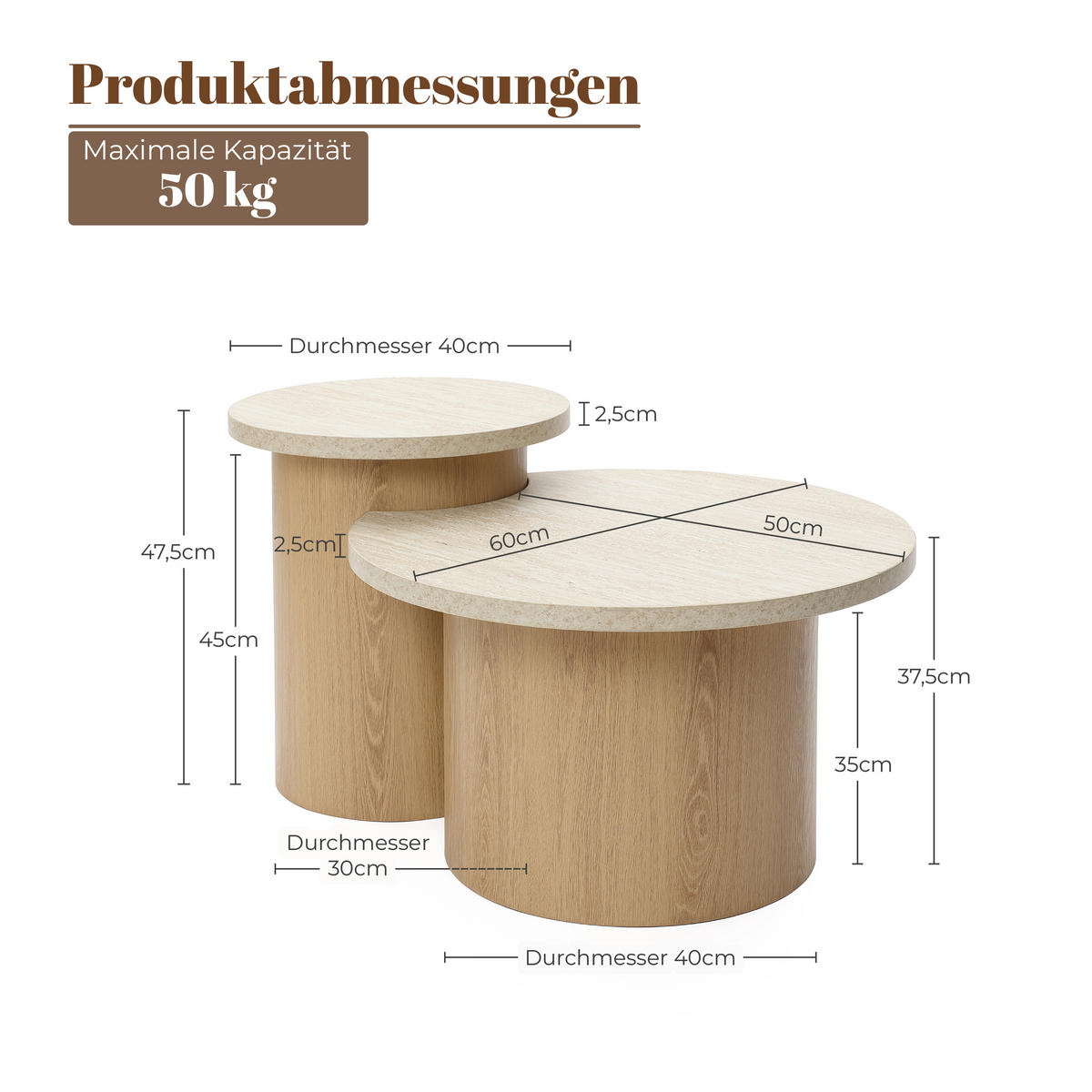 COUCHTISCHE 2er-Set, Holz | B85 x T60 x H47,5 cm - Braun, Holzwerkstoff (60/85/47.5cm) - Hometopia