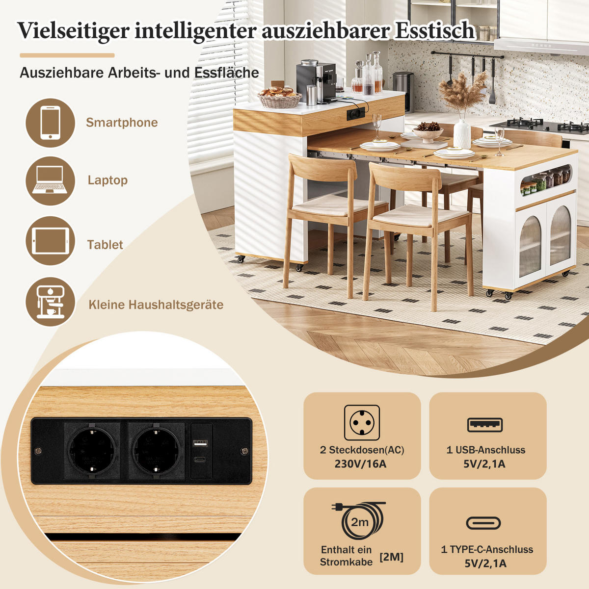 KÜCHENINSEL 50,5-187,5/110,5/95,5 cm aus MDF mit ausziehbarer Tischplatte und Steckdosenleiste Weiß/Natur - Weiß, Holzwerkstoff (110.5/95.5/50.5cm) - Modenvie