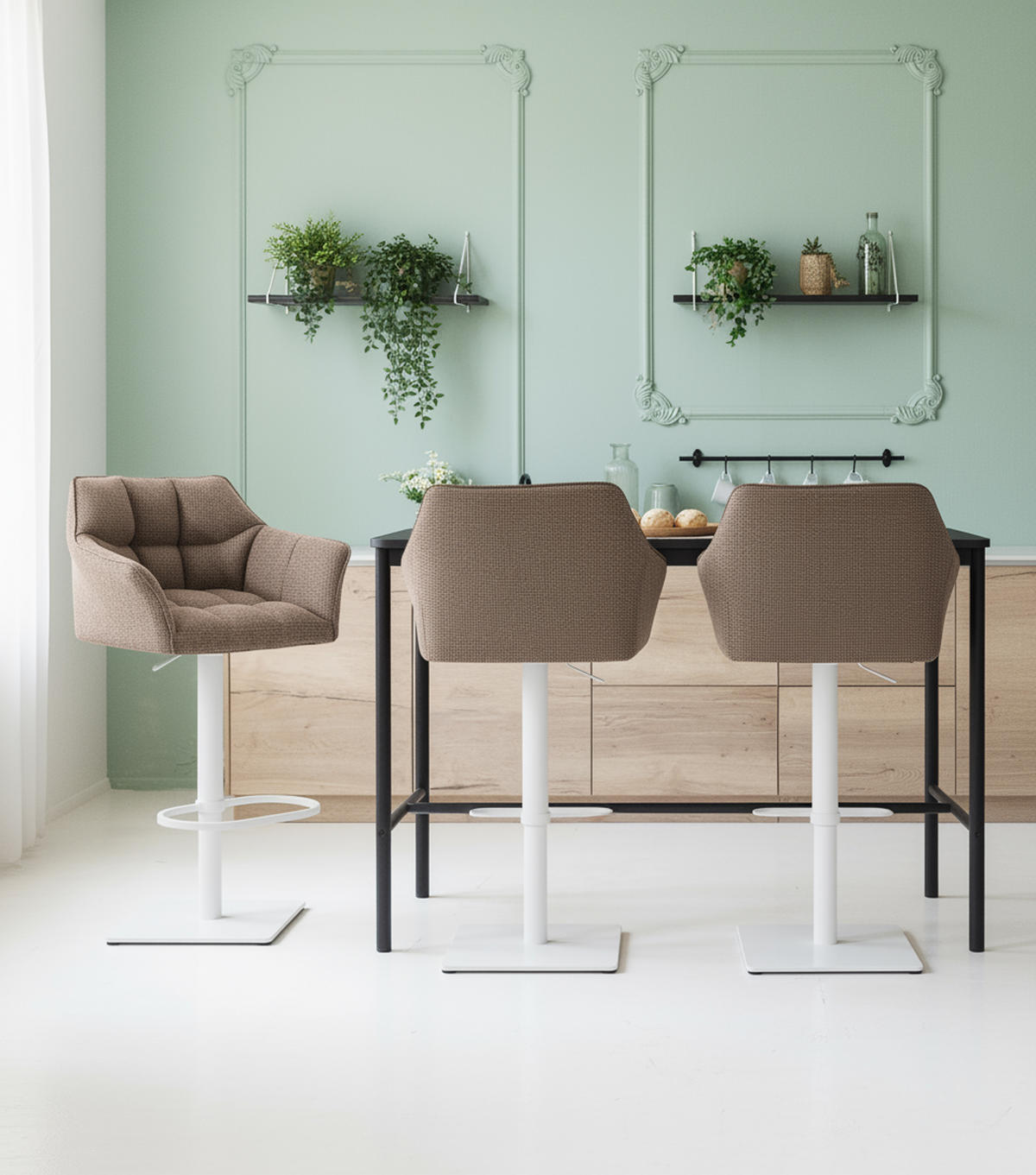 BARHOCKER 2er Set Damaskus Stoff weiß terrabraun - Braun/Weiß, Textil/Metall (64/110/48cm) - TPFLiving