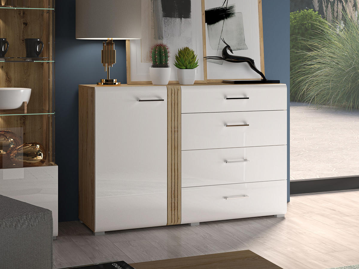 SIDEBOARD Adagio weiß Hochglanz / Eiche castello 134 / 42 / 90cm - Weiß Hochglanz/Weiß, Holz/Holzwerkstoff (134/90/42cm) - Feldmann-Wohnen