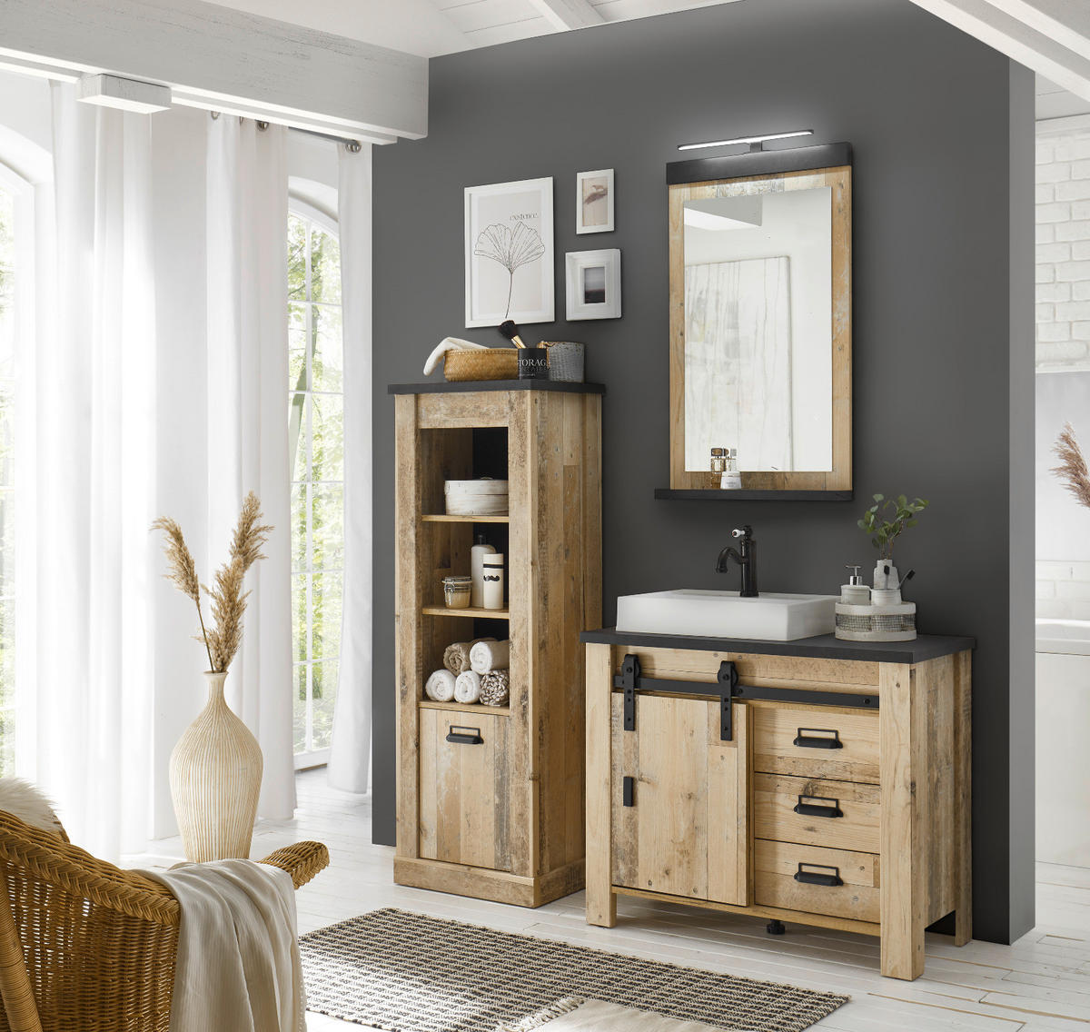 WASCHBECKENUNTERSCHRANK Waschbecken, Used Wood hell, anthrazit, Waschtisch 95 cm Stove - Eichefarben/Anthrazit, Holzwerkstoff/Metall (95/81/43cm) - Furn.Design