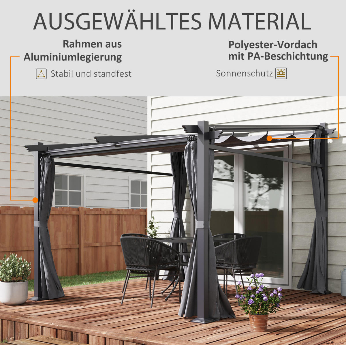 PERGOLA 297/295/195-230 cm s posuvnou stříškou a stabilní ocelovou konstrukcí, Tmavě šedá - tmavě šedá, kov (295/230/297cm) - Redom