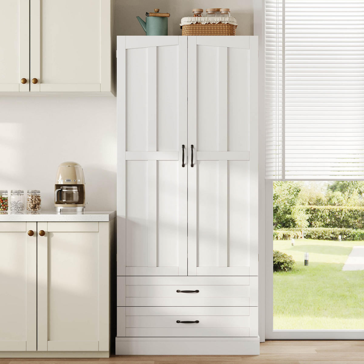 GESCHIRRSCHRANK 180 cm MDF Weiß mit Ausziehböden und Schubladen - Weiß, Holzwerkstoff (37.5/180/80cm) - Korfee