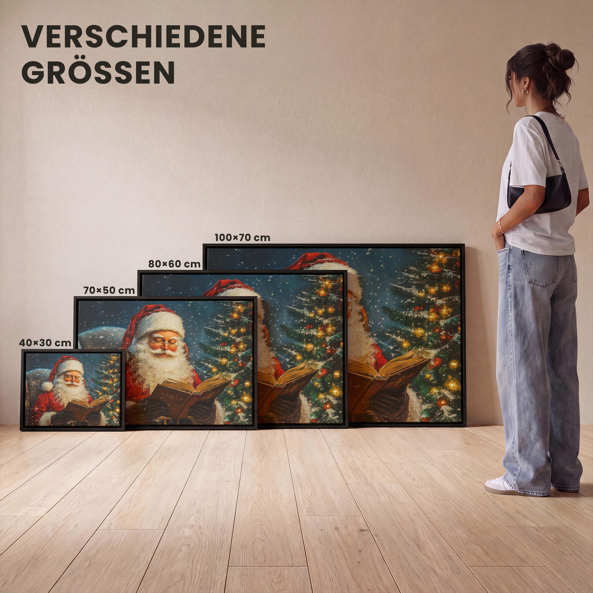 LEINWAND Bilder mit Rahmen - Weihnachtsmann - Weihnachten - Winter - Weihnachtsbaum - 100x70 - Bordeaux, Textil (100/70cm) - MuchoWow