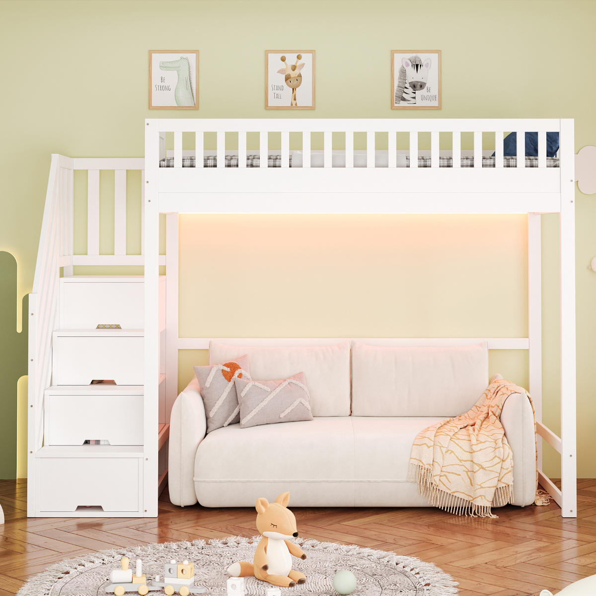 HOCHBETT 90/200 cm in Weiß mit Stauraumtreppe und LED Holz Kinderbett - Weiß, Holzwerkstoff (90/200cm) - STILVORA
