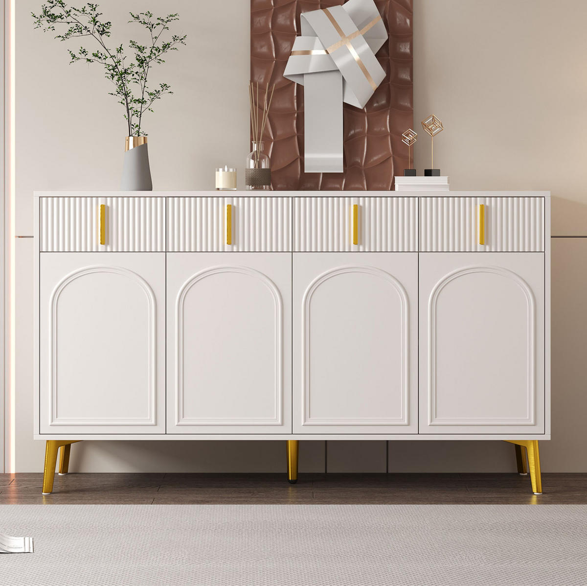 SIDEBOARD 140/38/82 cm Weiß aus MDF mit goldfarbenen Griffen und Beinen - Weiß, Holzwerkstoff (38/82/140cm) - OKMYHOME