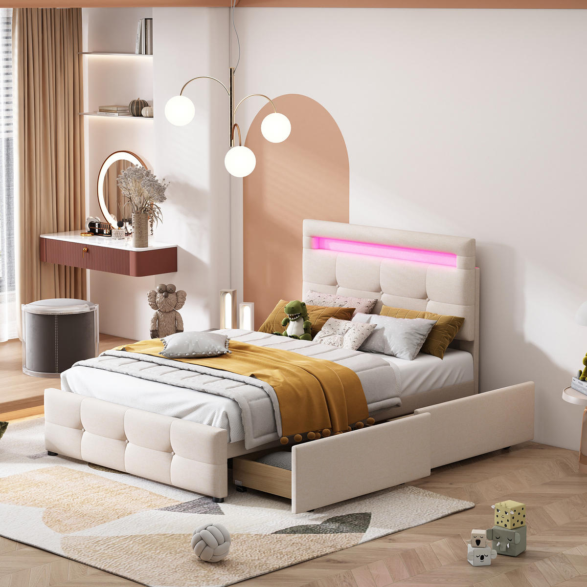 POLSTERBETT mit LED-Beleuchtung 90/200 cm in Beige mit 2 Schubladen - Beige, Holzwerkstoff (90/200cm) - BEAOK