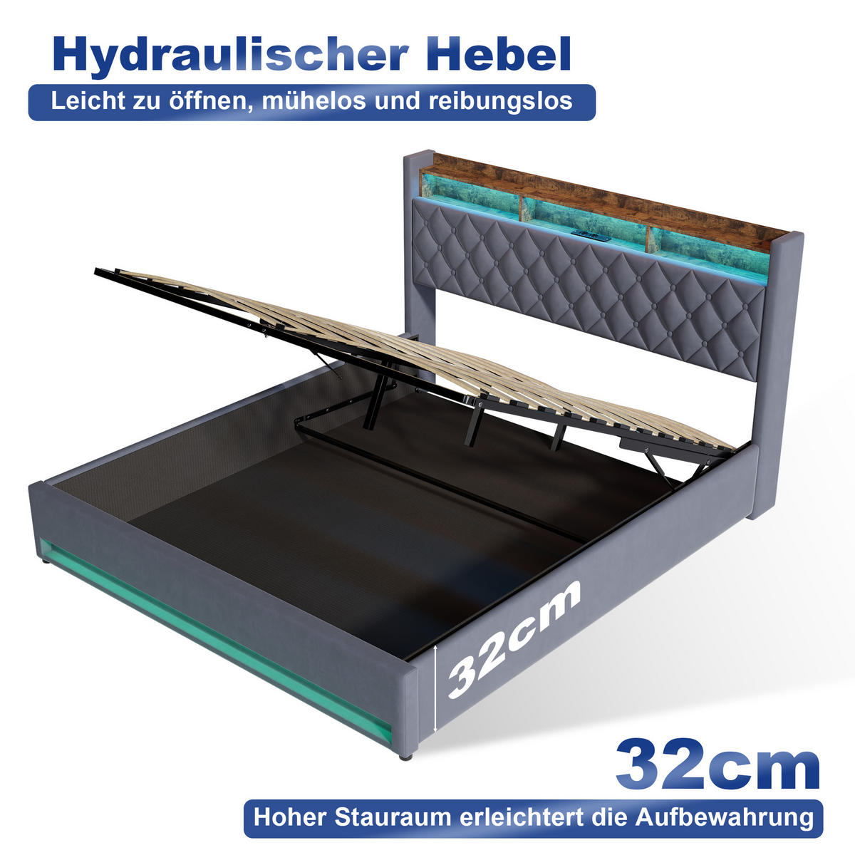 POLSTERBETT 180/200 cm in Grau, Samt, mit Bettkasten, USB, LED, ohne Matratze - Grau, Holzwerkstoff/Textil (180/200cm) - WISHDOR