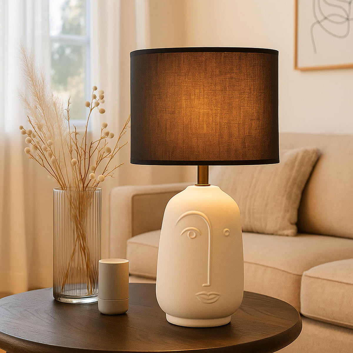 TISCHLEUCHTE Face Keramik Schwarz - Schwarz, Textil (22/22/38.5cm)