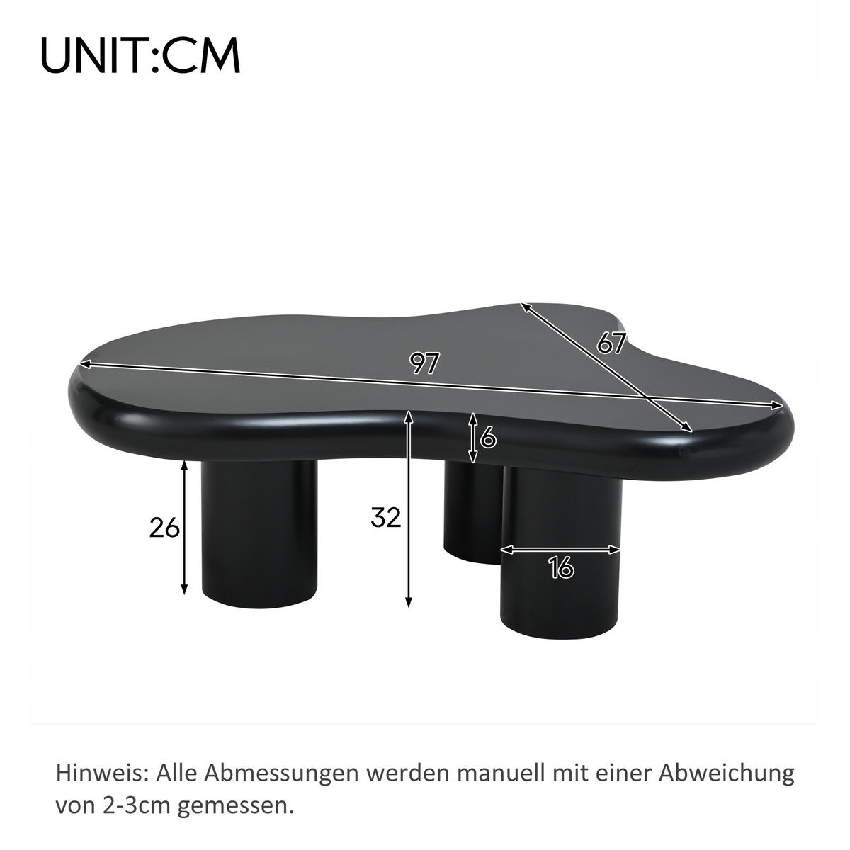 COUCHTISCH in Wolkenform, MDF lackiert, Schwarz mit Filzgleitern, 97/67/32 cm,Schwarz - Schwarz, Holzwerkstoff (67/97/32cm) - Redom