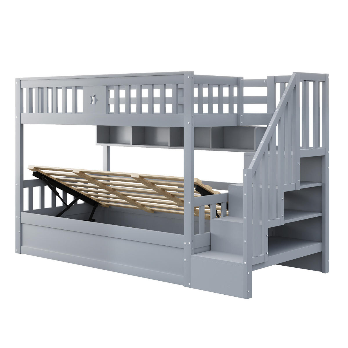 HOCHBETT 90/200 cm mit hydraulischem Stauraum, Regalen und Treppe, Grau - Grau, Holzwerkstoff (90/200cm) - Redom