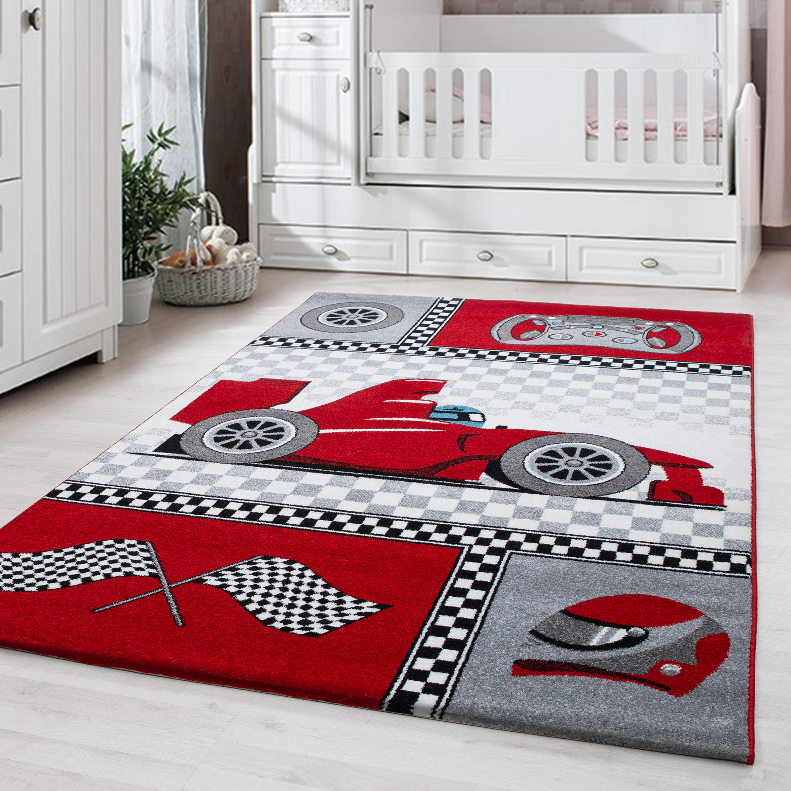 KINDERTEPPICH Rennwagen Polypropylen gewebt saugroboter Kurzflor Kinderzimmer Rot Rechteckig 120x170 - Rot, Textil (120/170cm) - KADIMA DESIGN
