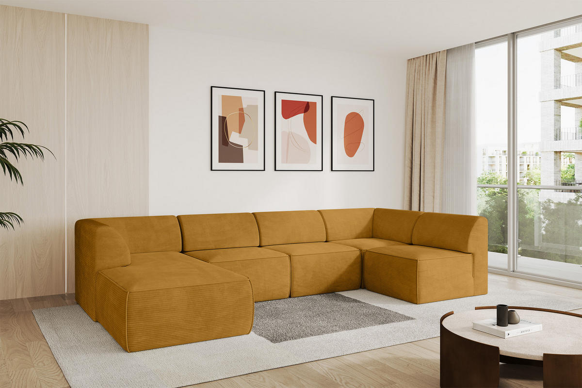 WOHNLANDSCHAFT Ottomane Links MOVO-L 345x180x78 cm Senffarbe Cord - Honig, Holzwerkstoff/Kunststoff (345/78/180cm) - ALTDECOR