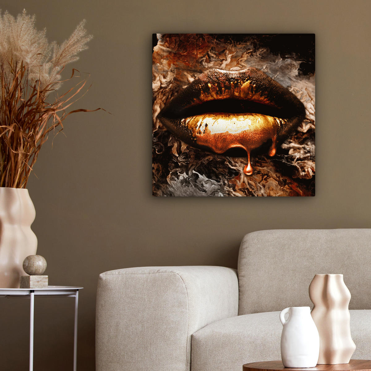 LEINWANDBILD Gold - Lippen - Kunst - Gold - Luxus - Abstrakt 50x50 cm - Kupferfarben, Textil (50/50cm) - MuchoWow