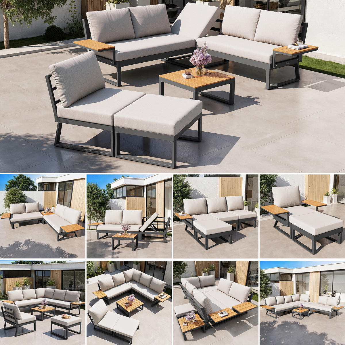 LOUNGESET, 7 Personen, Eisen, Ecksofa, Holztisch, Beige - Beige, Metall - FLIEKS