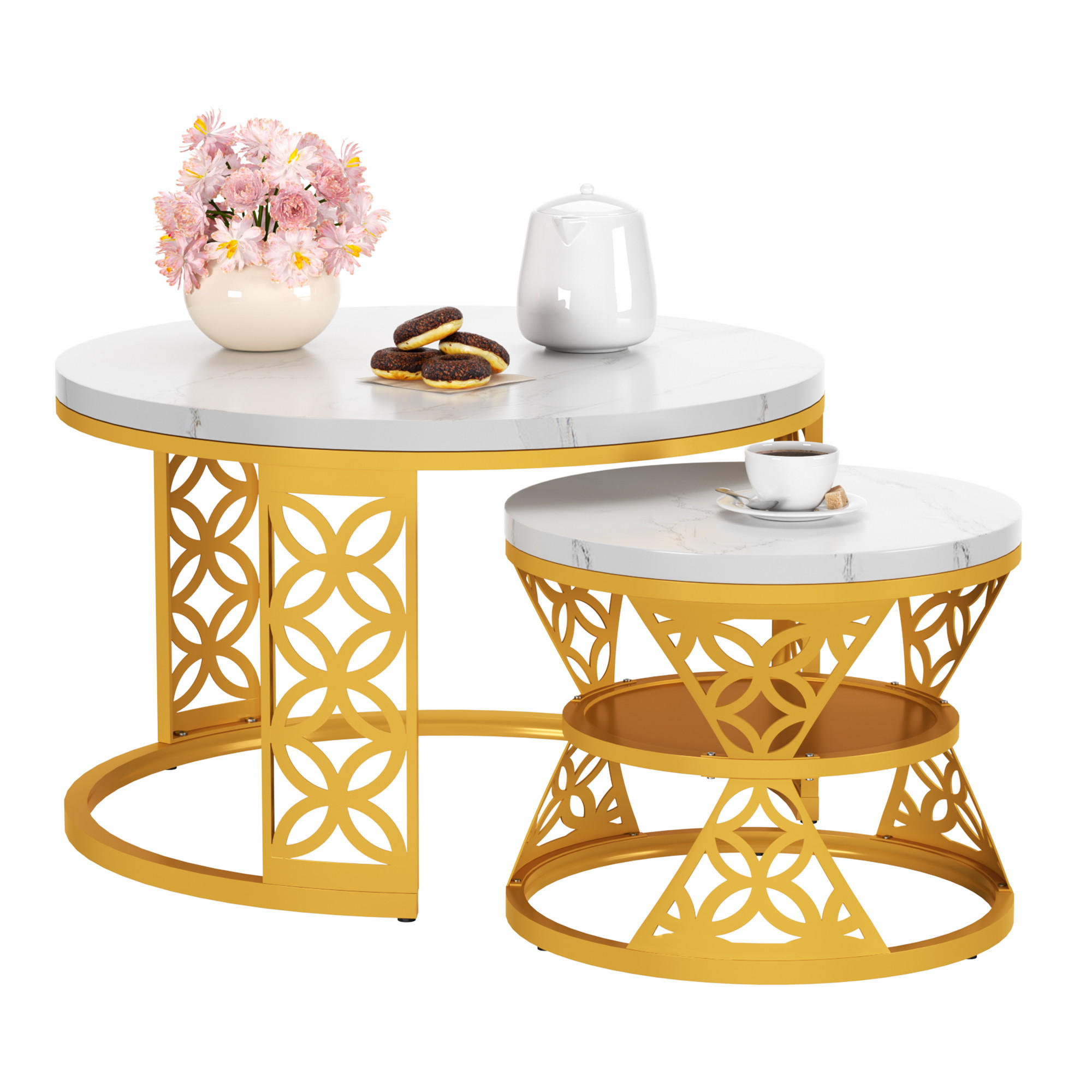 COUCHTISCH in Goldfarben Hitzebeständiger Wohnzimmertisch mit Marmor-Optik Platte Sofatisch mit Metallgestell - Goldfarben/Weiß, Holzwerkstoff/Metall (70/70/45cm) - STILVORA