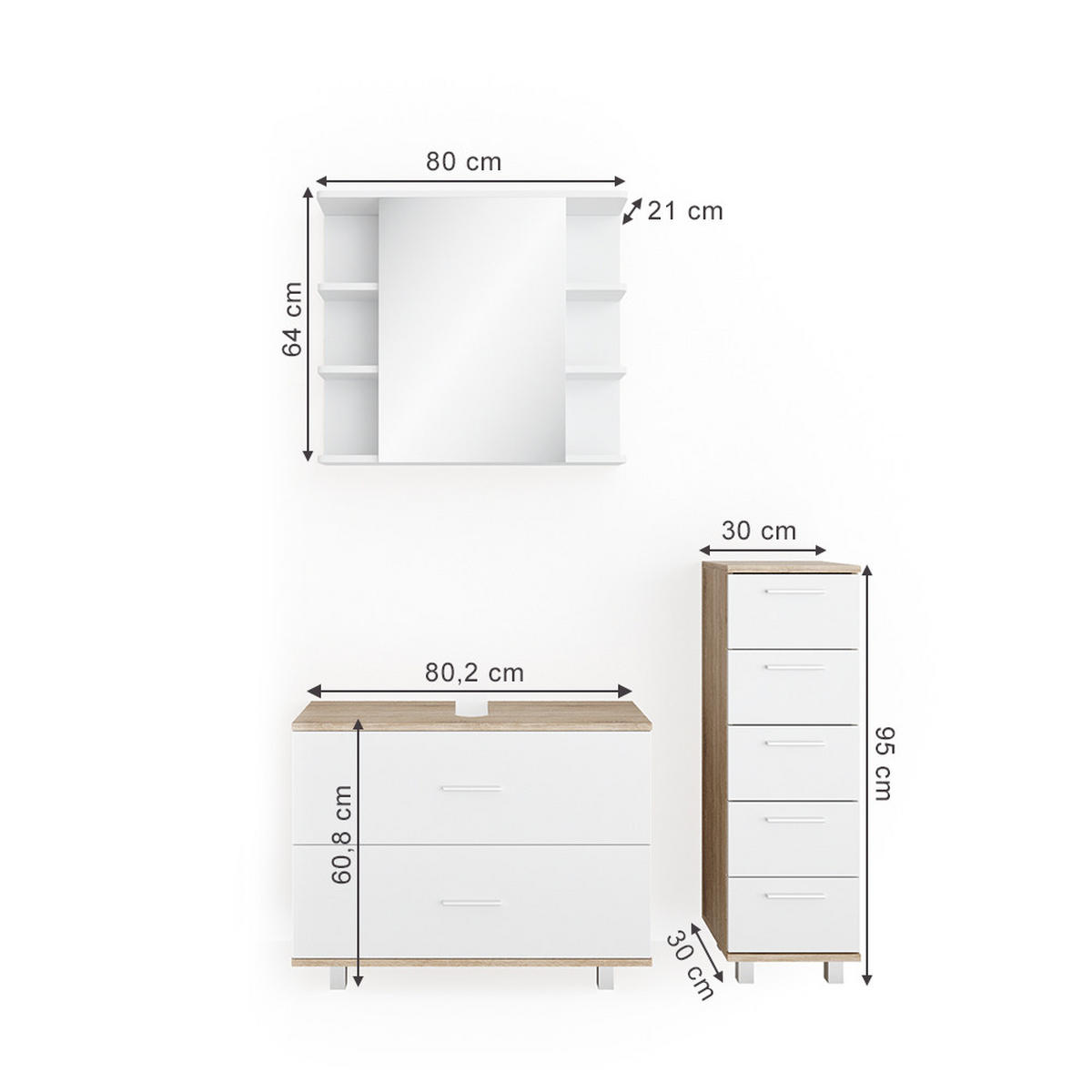 BADMÖBEL-SET Ilias Weiß/Sonoma 3 Teile, mit Unterschrank 80 cm - Weiß/Sonoma Eiche, Holzwerkstoff (80/60/33cm) - Vicco