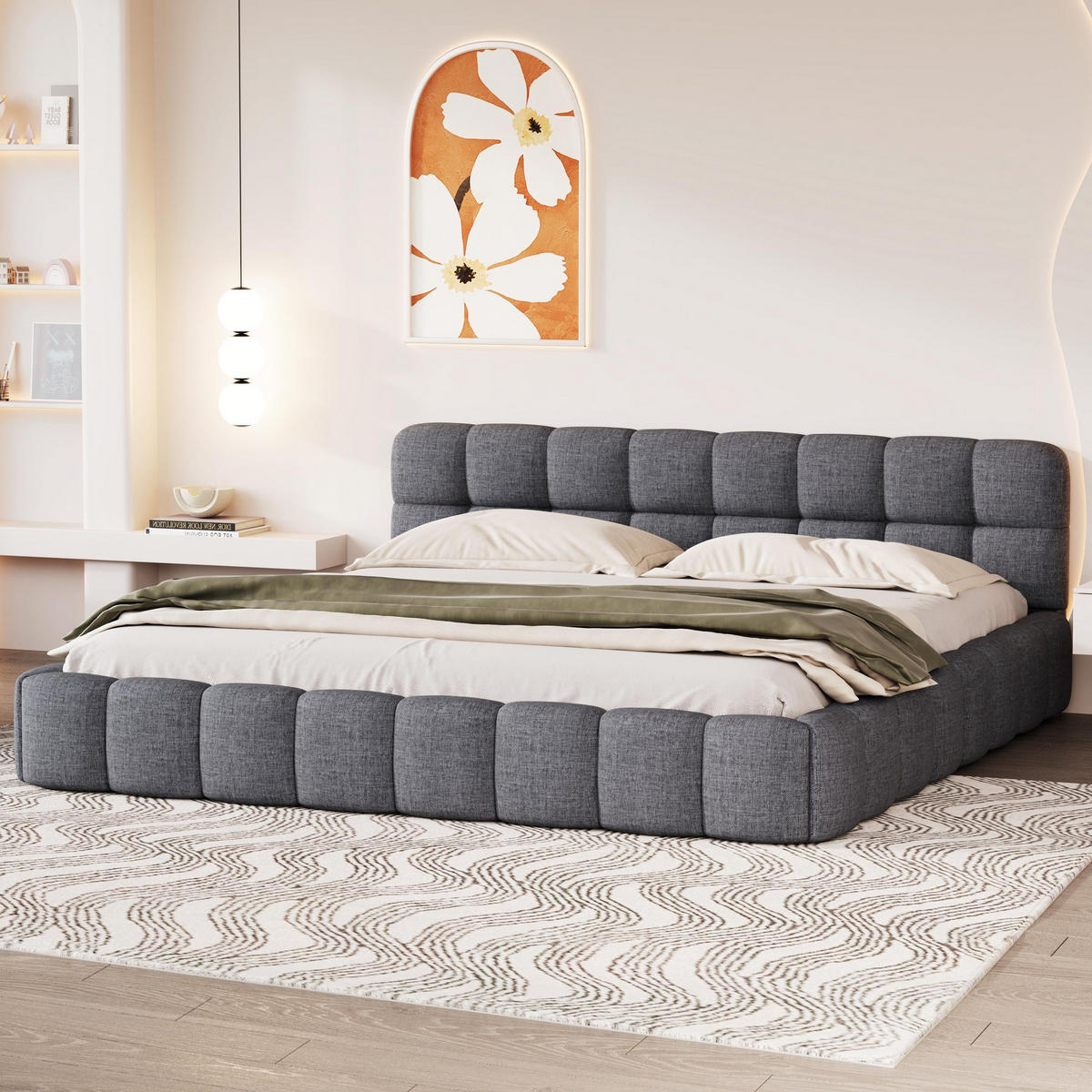 POLSTERBETT 140x190 cm Fleur Cloud mit Blumenrand-Design und weicher Rückenlehne, Leinen-Optik Grau - Grau, Textil (140/190cm) - DELFA